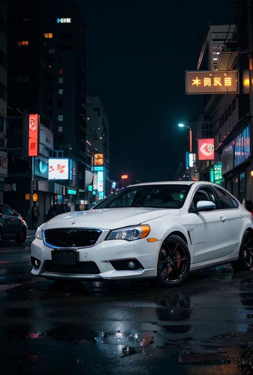 white car, black rims, neon lights background graphics, cyberpunk