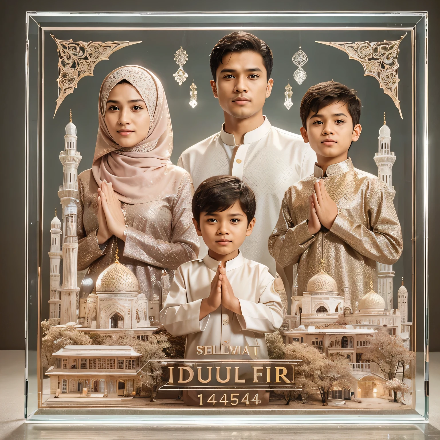 make A very realistic photography made of crystal glass with a luxurious design that says 'SELAMAT IDUL FITRI 1445 H', featuring mosques, symbols of Ramadan, a young Indonesian man aged 27 in Muslim attire and a boy , a woman in an elegant muslimah gamis dress and a boy aged 3 with a namaste hand gesture, with faint smiles.very realistic.