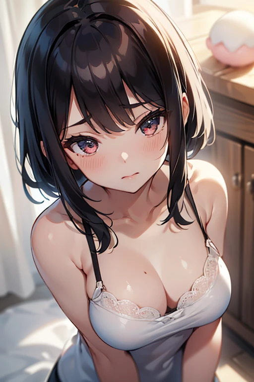 1girl,solo,retina,masterpiece, Awards, high quality, High resolution, HD, 4K,8K,high quality, rough skin,breast focus,depth of field,(line drawing:1.1),(large breasts:1.3),faint smile,oily skin,Relative to the girl,underside of breasts,(mochi shaped breasts:1.2),(closeup upperbody:1.5),white clothe,perspective,baby face,(short height,petite:1.3),camisole,,(from directly front:1.3),Symmetric