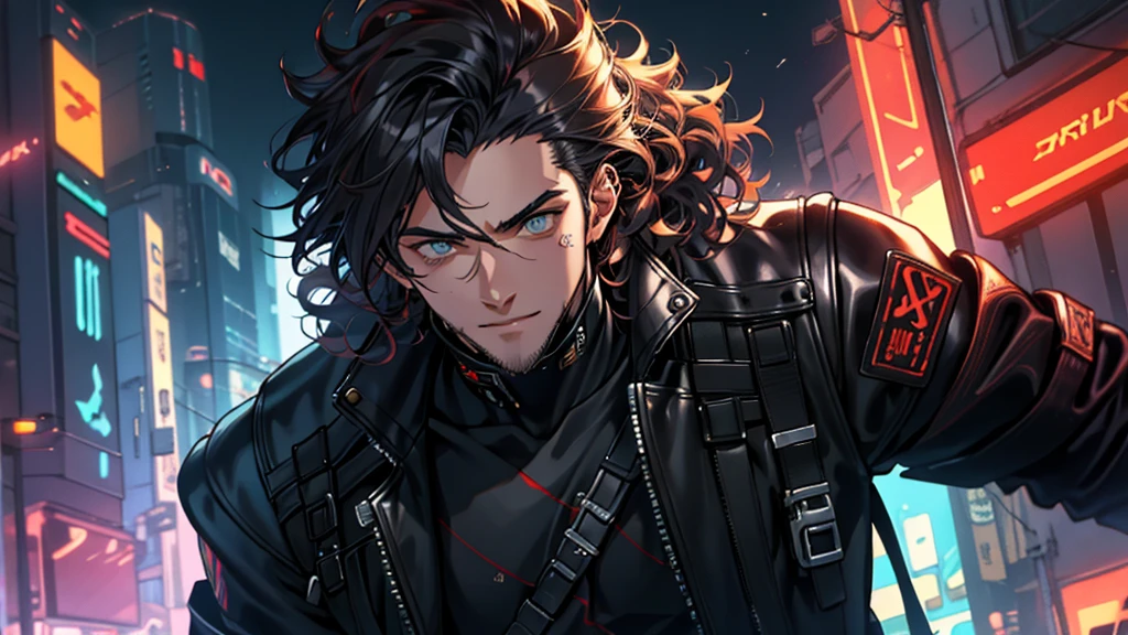 (Extremely detailed), best quality, perfect anime style, age boy, 18 years old, tall, handsome, light whiskers on the face, Brazilian, cyberpunk clothing, dense curly hair, piercing eyes, sharp features, wearing high-tech futuristic attire with neon accents, sleek leather jackets, intricately designed cybernetics, confident posture, expressive facial expressions, conveying a sense of adventure and rebellion.