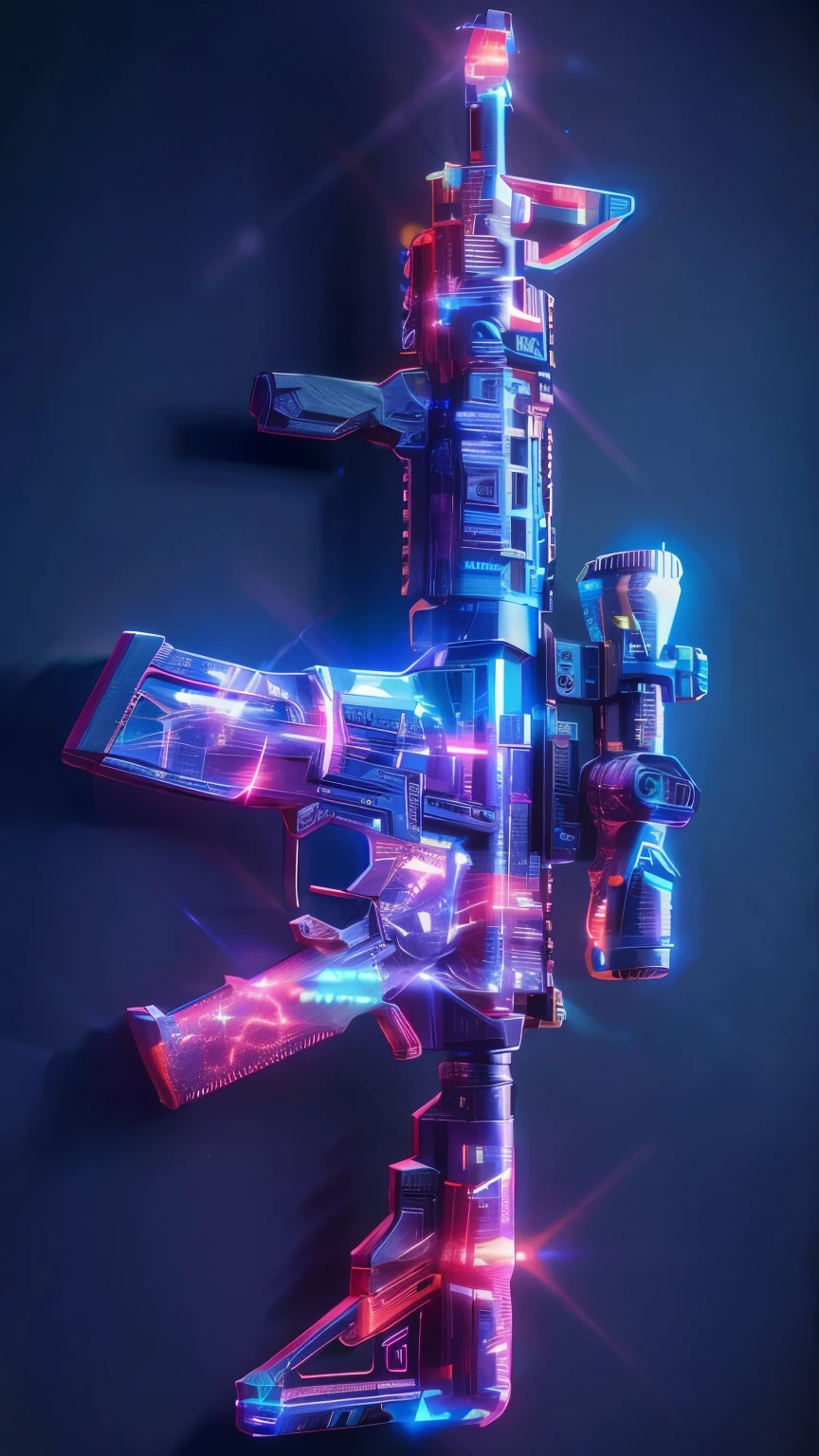 a close up of a toy gun with a light up gun, cinematic —ar 16:9, realistic weapon, bright cyberpunk glow, futuristic weapon, futuristic assault rifle, sci - fi weapon, futuristic gun, iridescent technology and weapon, colorful airsoft gun, hyper detailed 3 d render, hyper detailed 3d render, hyper-realistic cyberpunk style, realistic weapons