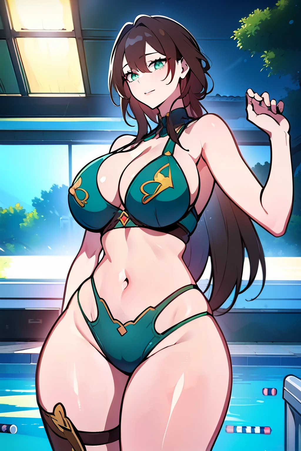An anime-style artwork depicting ruan mei from the game Honkai star rail.
Tags: ruan mei, anime, detailed eyes, detailed lips, tight bikini, smiling expression, intense gaze, glowing emblem on hand, dynamic pose, outdoor pool, vibrant colors, digital art, high-resolution, professional quality, gigantic breasts, (underboob : 1.4), curvy, cowboy shot, (gigantic breasts: 1.4), (green eyes : 1.4), (light brown hair), curvy ass, big butt, bubble butt, from behind, back view