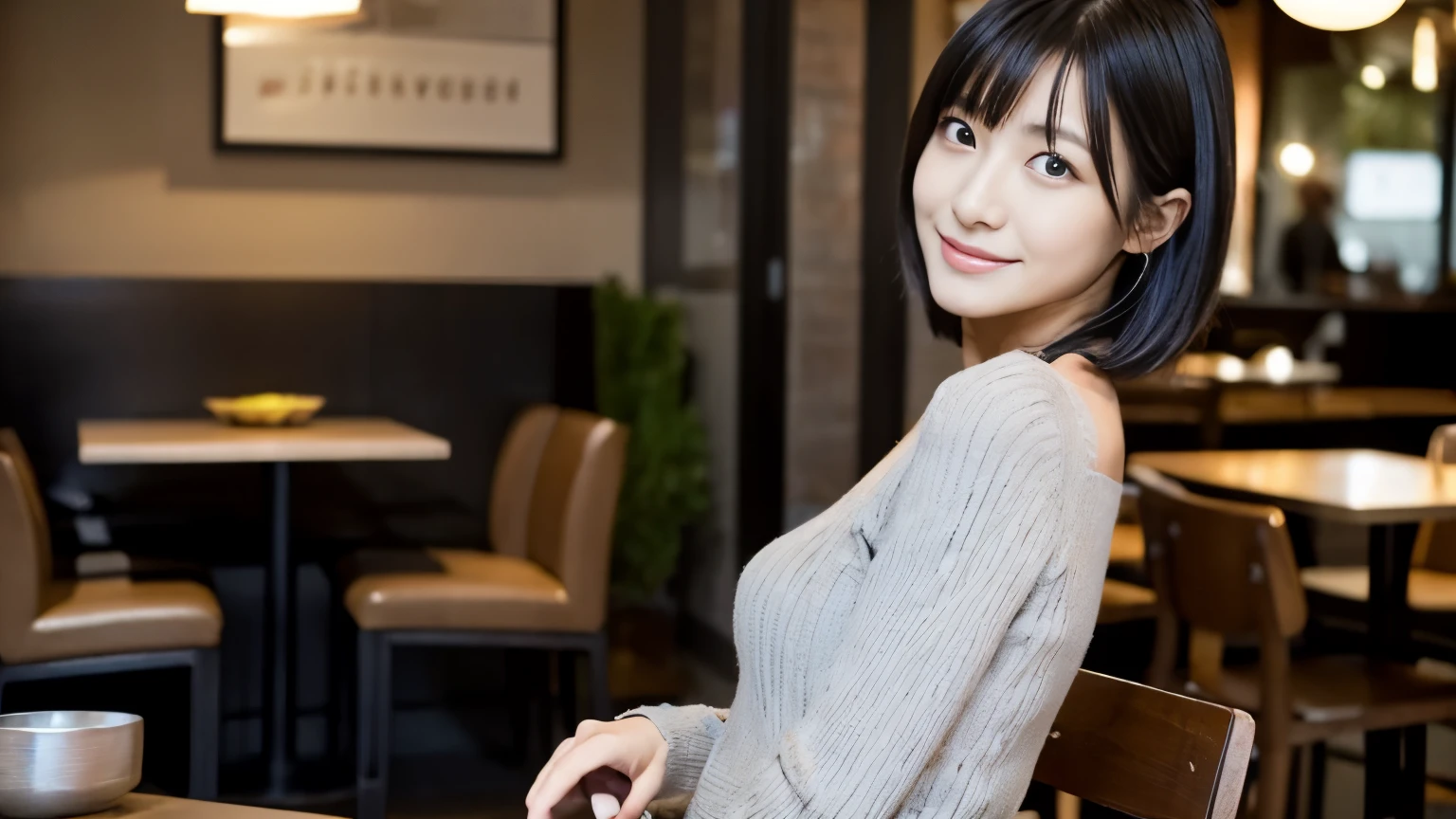 japanese woman, 30 years old, slender body shape, small breasts, very thin waist, beautiful face, beautiful eyes, black short hair, She wears tight, Short gray knit dress with open back design., Sitting in a fashionable café, look back at you kindly, 1 girl, alone, detailed face and eyes, small fingers and arms. full body photo. realistic, realistic.