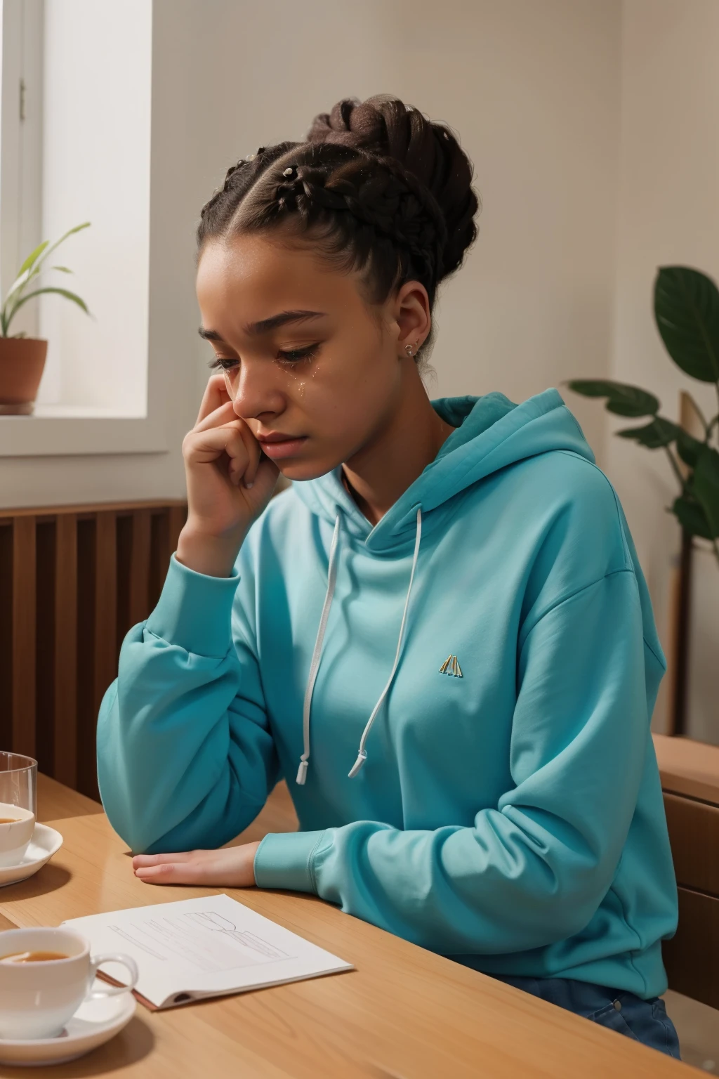 Milnrow, 2023. A young ((((19-year-old)) Maia Allen)), skinny, at home, ((sad expression, crying)), ((((clothings from the 2020s)))), ((hairstyle of the 2020s))
