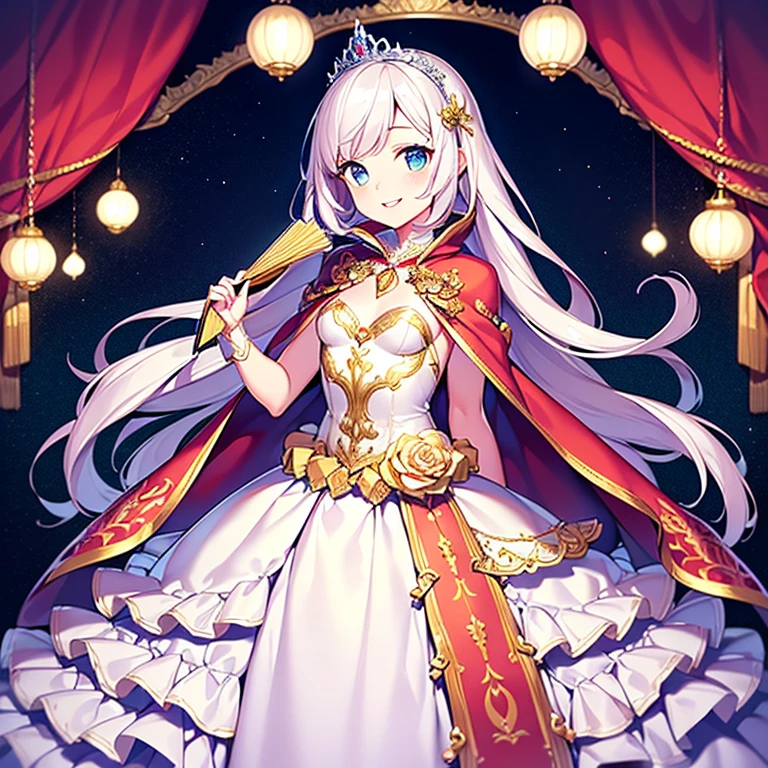 (kawaii),(best quality),(ultra detailed),(rococo style),(long train pastel pink cape:1.15), very long cape,(long train white ball gown with flower decorations:1.1), a girl is wearing a cape over her gown,(she has a western style fan:1.05), 1 little princess, tiara, smile, very long hair, small breasts, beautiful detailed eyes, beautiful detailed lips