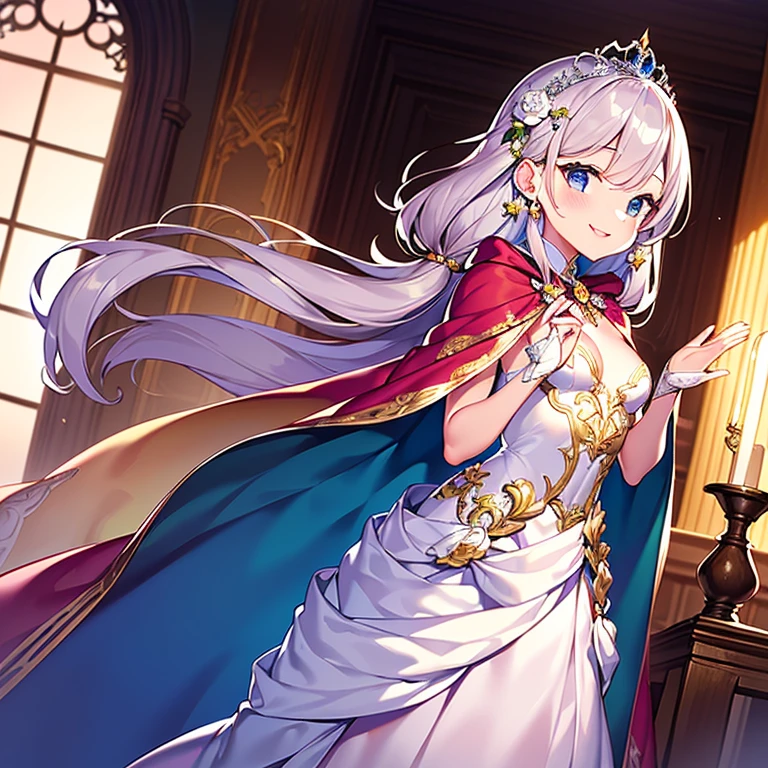 (kawaii),(best quality),(ultra detailed),(rococo style),(long train pastel pink cape:1.15), very long cape,(long train white ball gown with flower decorations:1.1), a girl is wearing a cape over her gown,(she has a western style fan:1.05), 1 little princess, tiara, smile, very long hair, small breasts, beautiful detailed eyes, beautiful detailed lips
