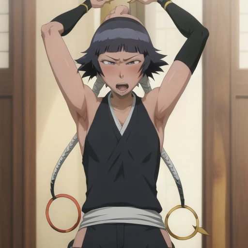 ( Animation screenshots:1.1),outdoor,
1 girl, alone, black hair, side breasts,eternal, short hair with long locks, japanese clothing, - Hip vents, no underwear,short hair, small breasts, (white eyes:1.1),No eyeballs, Also available in black, No headwear,low double braids,Face the audience, looking at the audience, tired, from below, (Show armpits:1.3), Sexy, Sweat dripping, More and more sweat,(ahegao), (Roll your eyes), naughty face, blush, open mouth, Sticking out tongue, saliva, sloppy person,Runny nose,skinny, raise arms, (arms above head:1.5)