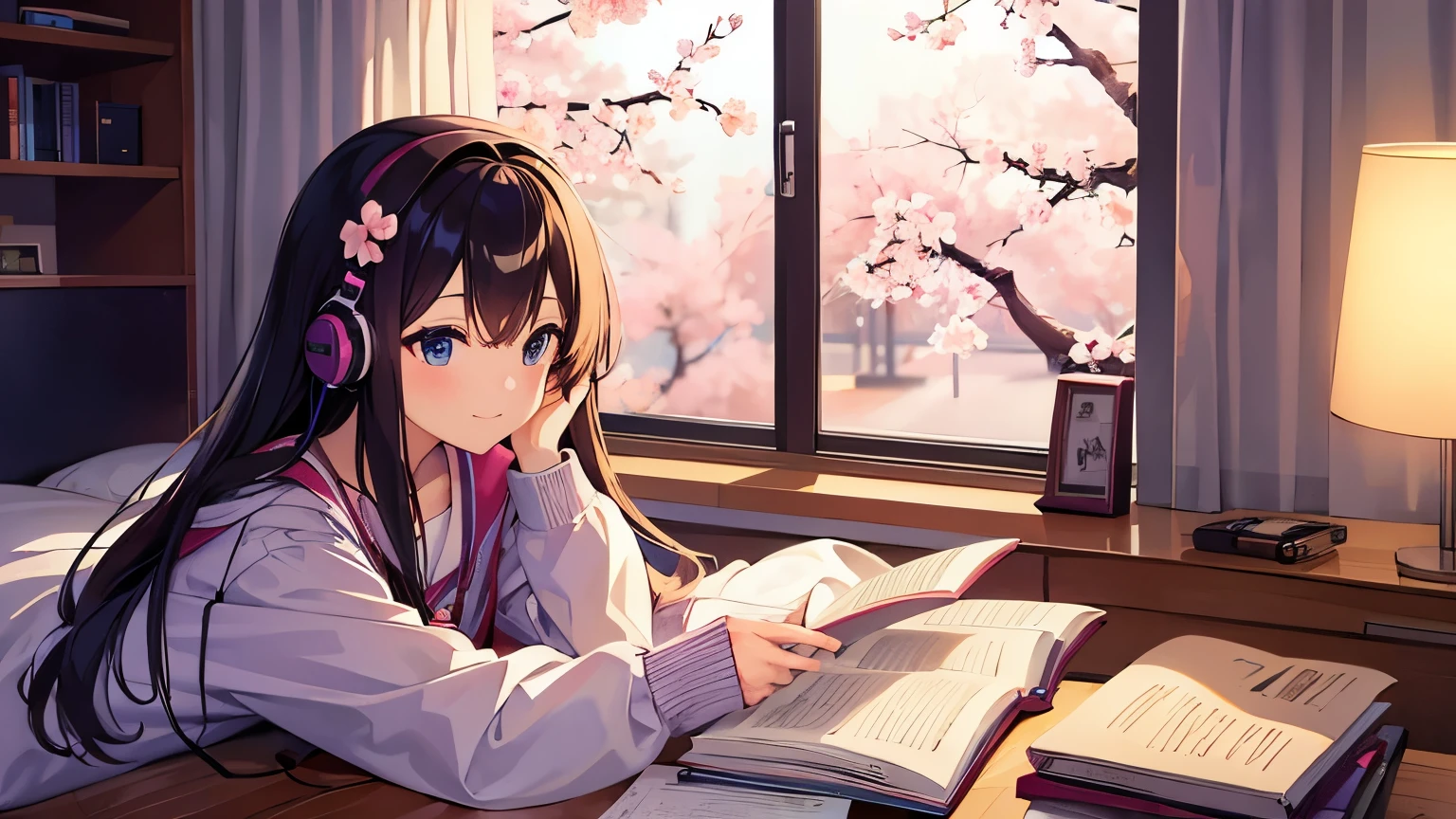 Beautiful girl studying in her room while listening to music with headphones、warm lighting、Cherry blossoms are blooming outside the room、Japanese anime style