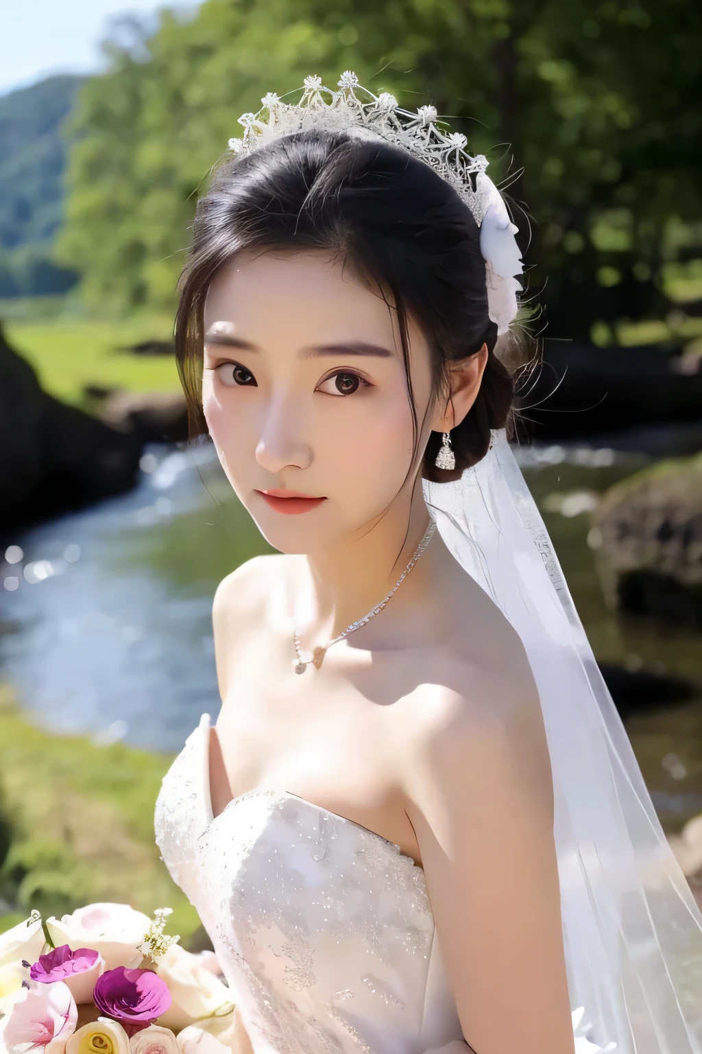 Bride in wedding dress and beautiful scenery，delicate face，Fan Bingbing's face，Ultra-clear realism，long shot
