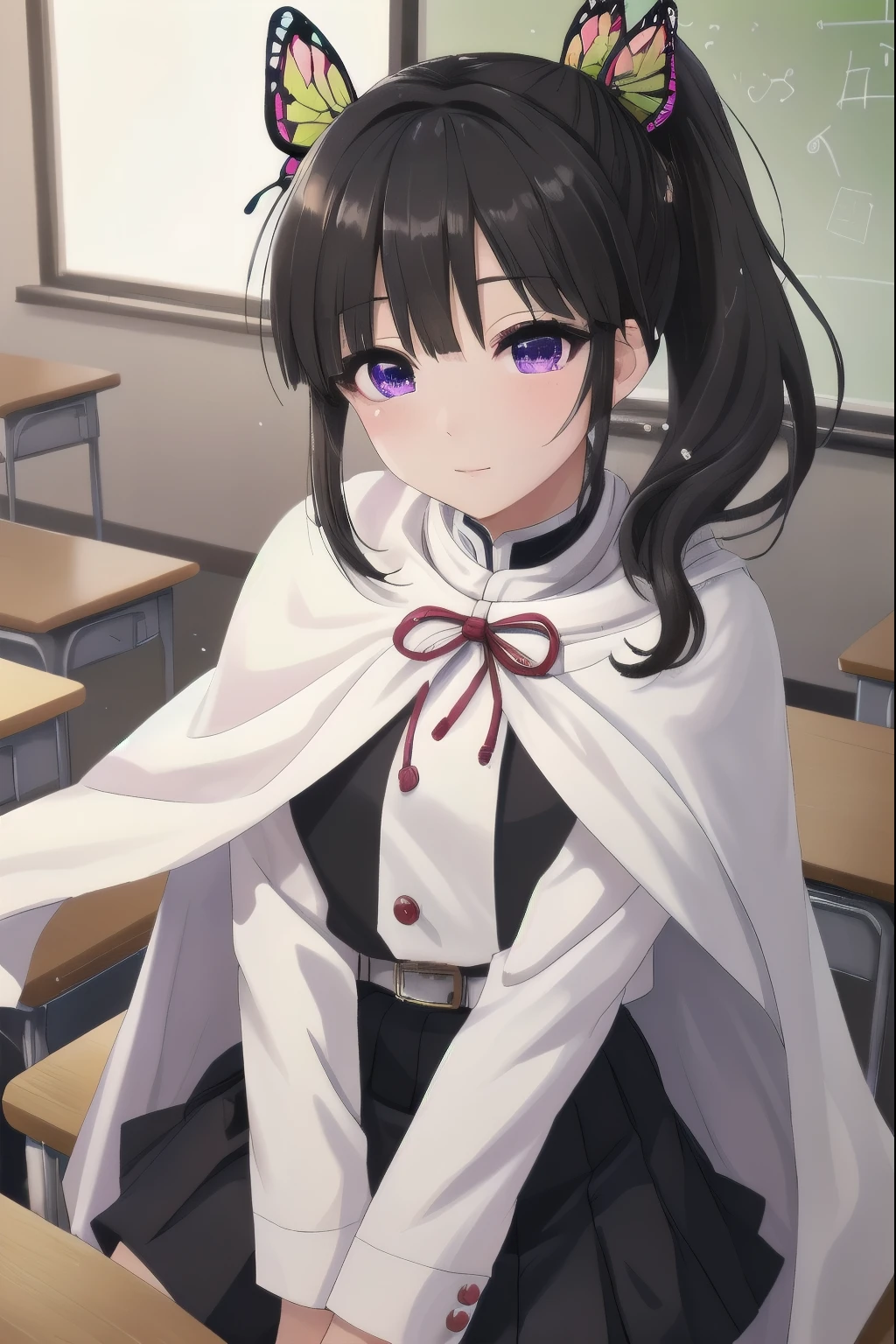 kanaotsuyuri, kanao tsuyuri, black hair, butterfly, butterfly hair ornament, (purple eyes:1.1), side ponytail, ponytail, 
break black skirt, cape, demon slayer uniform, long sleeve, pleated skirt, skirt, white cape,
break looking at viewer,
break indoors, classroom,
break (masterpiece:1.2), highest quality, High resolution, unity 8k wallpaper, (figure:0.8), (detailed and beautiful eyes:1.6), highly detailed face, perfect lighting, Very detailed CG, (perfect hands, perfect anatomy),