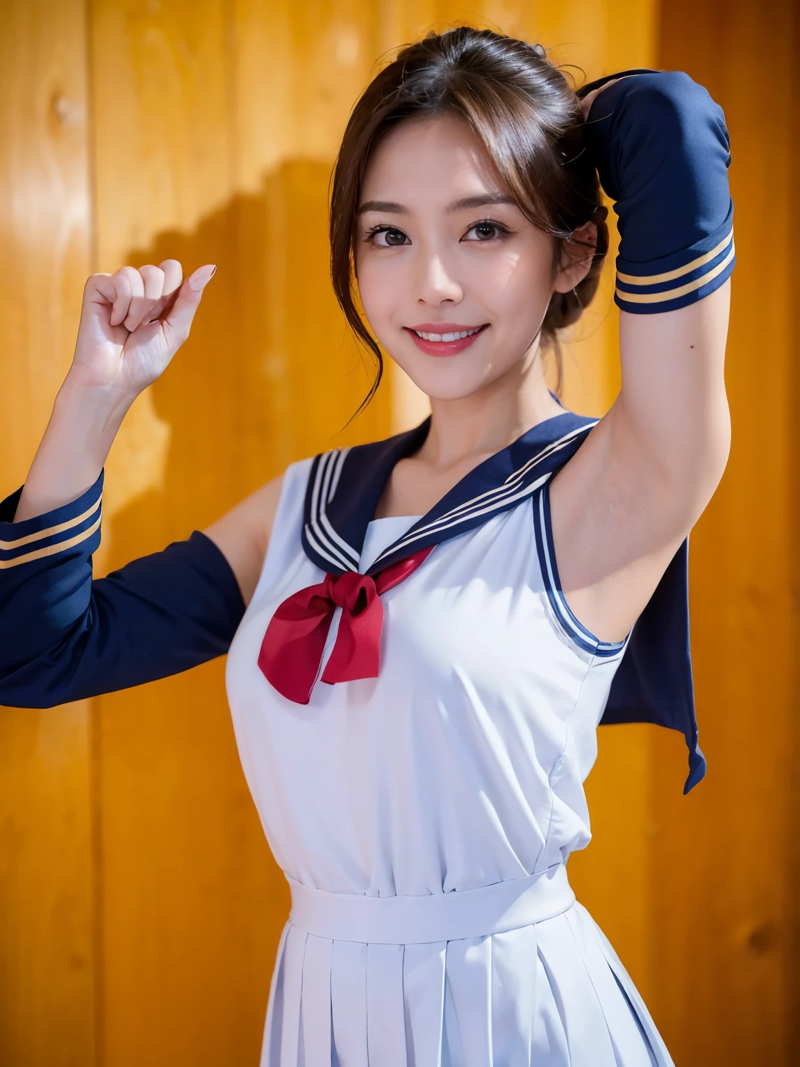 ((Pose with hands raised to show sides、armpit、armpitを詳しく見せます、ワックスと光沢のあるarmpit、armpitにオイルを塗ります、輝くarmpit、red mouth紅、リアルで詳細なarmpit、armpits glistening with sweat、Ultra-リアルなarmpit wrinkles、Japanese high school girl、No sleeve Japan  uniform))、No sleeve High School Girl、armpitの細かいシワ、リアルなarmpit、bright red lipstick、Take a full body photo、full body figure、armpitを見せる、艶やかなarmpit、No sleeve sailor suit with visible armpits、red mouth紅、smile、high ponytailの髪型)), ((Summer clothes for female students、白いNo sleeve制服で脇を披露、solo、laughter)) 、(realistic写真、armpitを見せる、armpits shine), (High resolution), (8K), (very detailed), (Best live-action film award), (beautiful and fine eyes), (highest quality), (super detailed), (masterpiece), (wallpaper), (detailed face), drooling eyes,Sweat,My body is shiny with sweat、armpit,inner color,solo,Japanese high school girl、No sleeve clothing、No sleeve、armpit、red mouth、手を上げてarmpitを見せてください、armpit、 (realistic写真), (High resolution), (8K), (very detailed), (Best live-action film award), (beautiful and fine eyes), (highest quality), (super detailed), (masterpiece), (wallpaper), (detailed face), drooling eyes、armpit,high ponytail、inner color,solo, Japanese high school girl、((Sailor Suit No sleeve Uniform:1.4))、 (highest quality、8K、masterpiece:1.3)、RAW photo、realistic、Photoreal、beautiful feet、acura、anatomically correct body