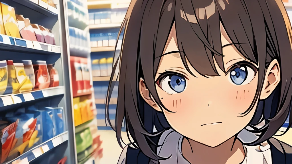22 year old girl、convenience store clerk、brown hair、shortcut、cute、boyish、smile,close up of face、