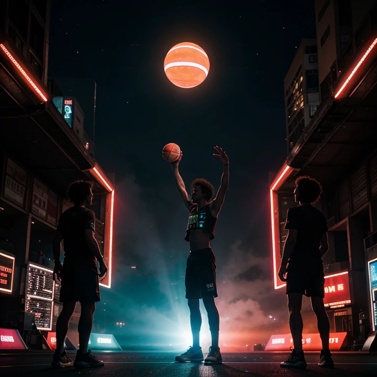 aliens playing basketball, on planets vs people, space background, (neon cyberpunk) high image quality