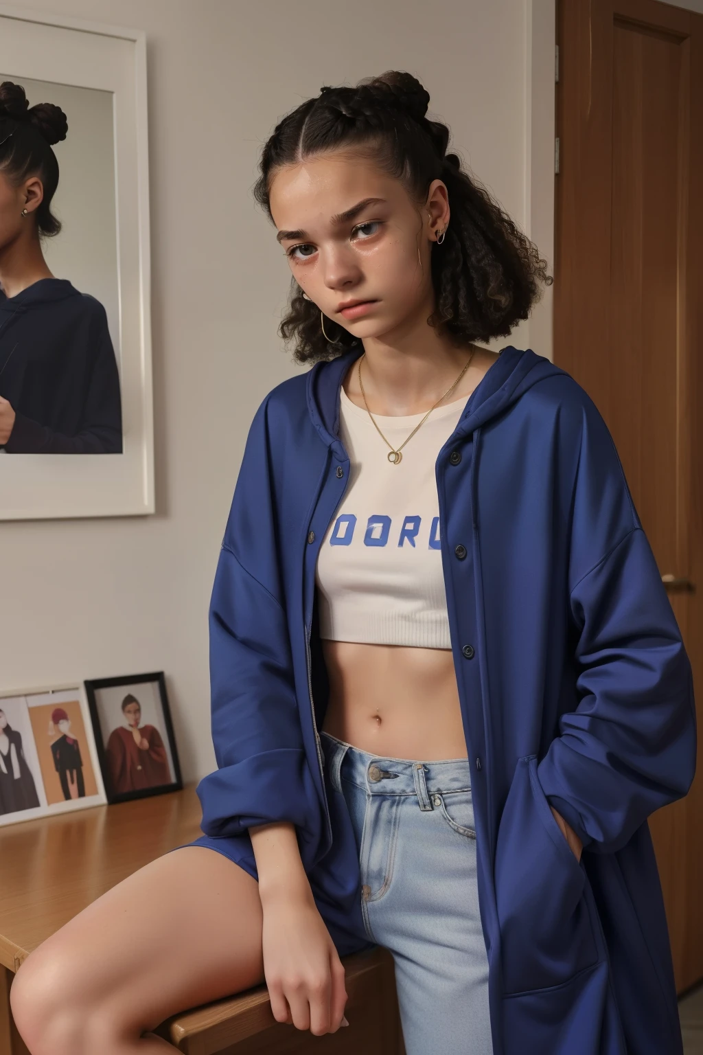 Milnrow, 2023. A young ((((19-year-old)) Maia Allen)), skinny, at home, ((sad expression, crying)), ((((clothings from the 2020s)))), ((hairstyle of the 2020s))