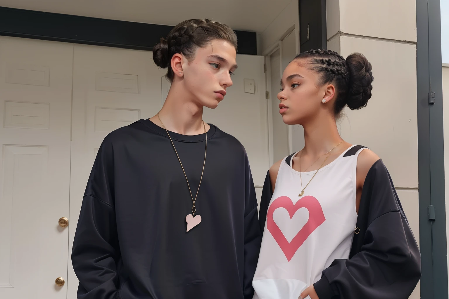 Milnrow, 2023. A young ((((19-year-old)) Maia Allen)), skinny, kissing her boyfriend, ((((clothings from the 2020s)))), ((hairstyle of the 2020s))