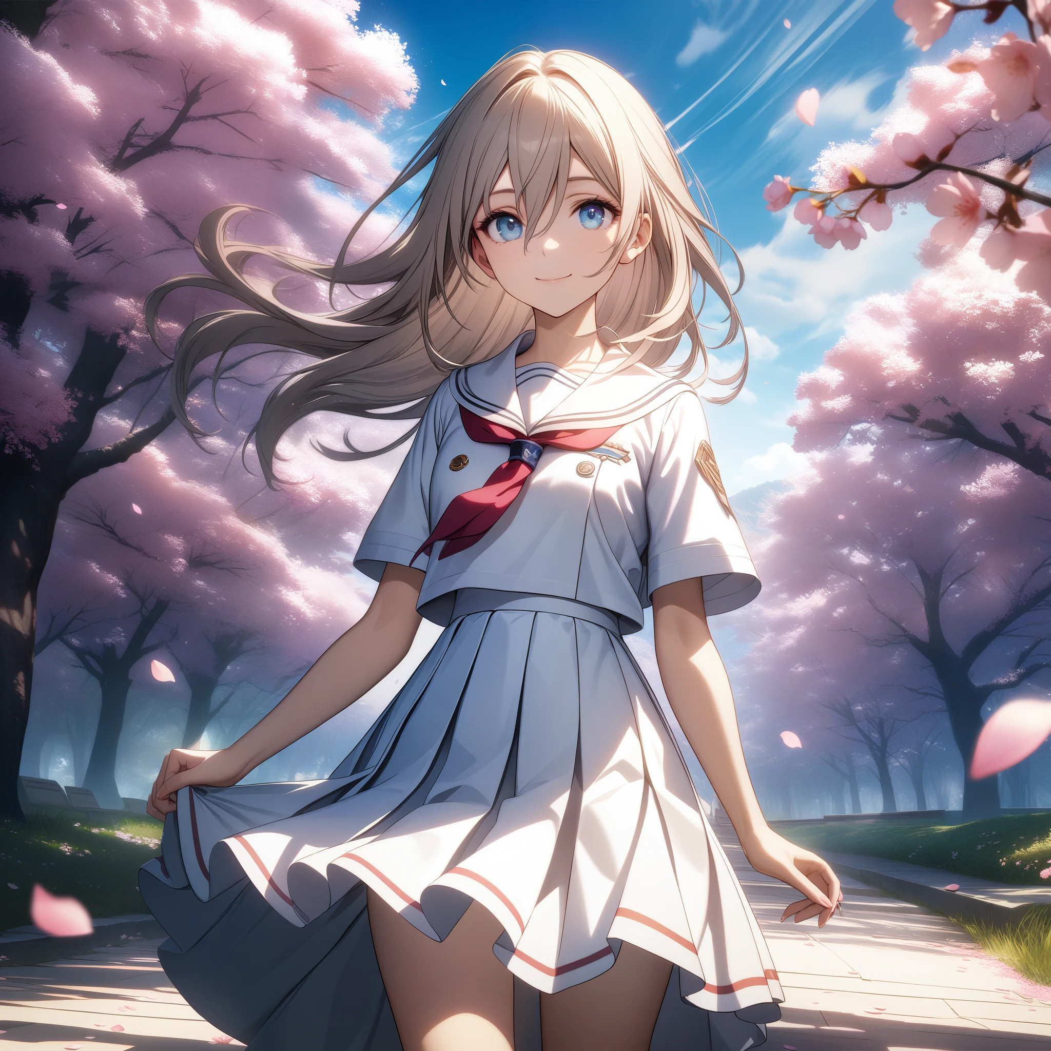 32k, best quality, ultra high res, HDR, UHD, extremely detailed CG, unity 32k wallpaper, solo, hair between eyes, blue eyes, closed mouth, standing, flower, outdoors, sky, cloud, tree, petals, floating hair, cherry blossoms, pink flower, (white sailor suit), smile, 