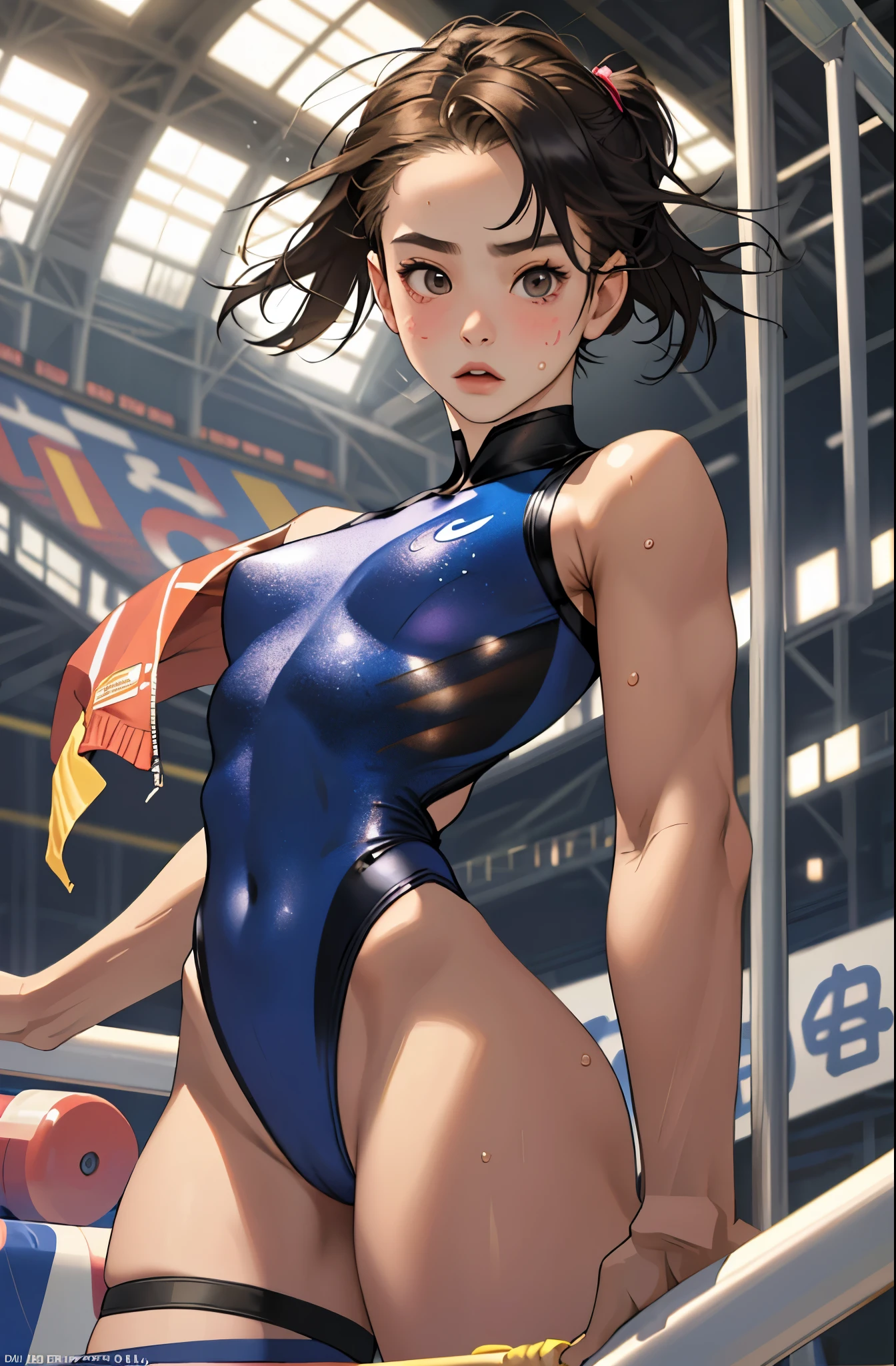 Realistic,15 year old girl.wearing a leotard,gymnast,gymnastics arena,笑face,face,skin realism