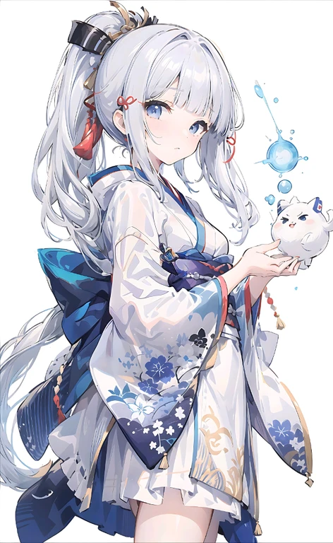Anime girl with white hair and blue dress holding a white cat, anime visual of a cute girl, white-haired god, shikishi, cute anime waifu in a nice dress, From Arknights, 《azur lane》role, onmyoji portrait, A scene from the《azur lane》videogame, anime illustration, anime moe art style, up of young anime girl, azur lane style