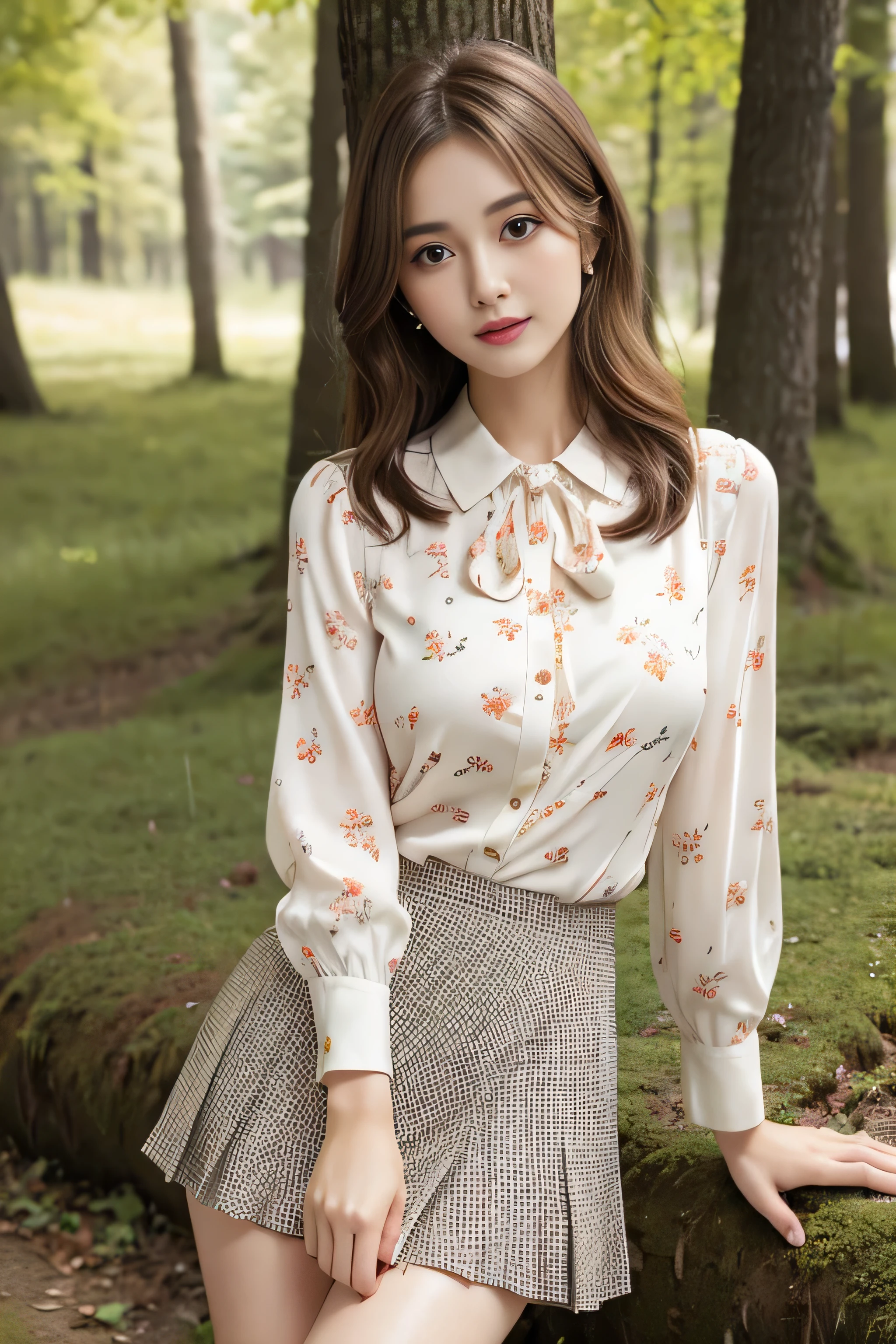 Panty shot、whole body、field, highest quality, realistic, Super detailed, down to the last detail, High resolution, 4k wallpaper, Beautiful woman,, light brown hair, wore a suit, perfect dynamic composition, beautiful and delicate eyes, delicate hair, Round face model body type、mini skirt、droopy eyes,shy smile,in the forest,Floral blouse、Blouse with ribbon、fancy orange and white printed dress, Pleated skirt with lots of checked pleats、