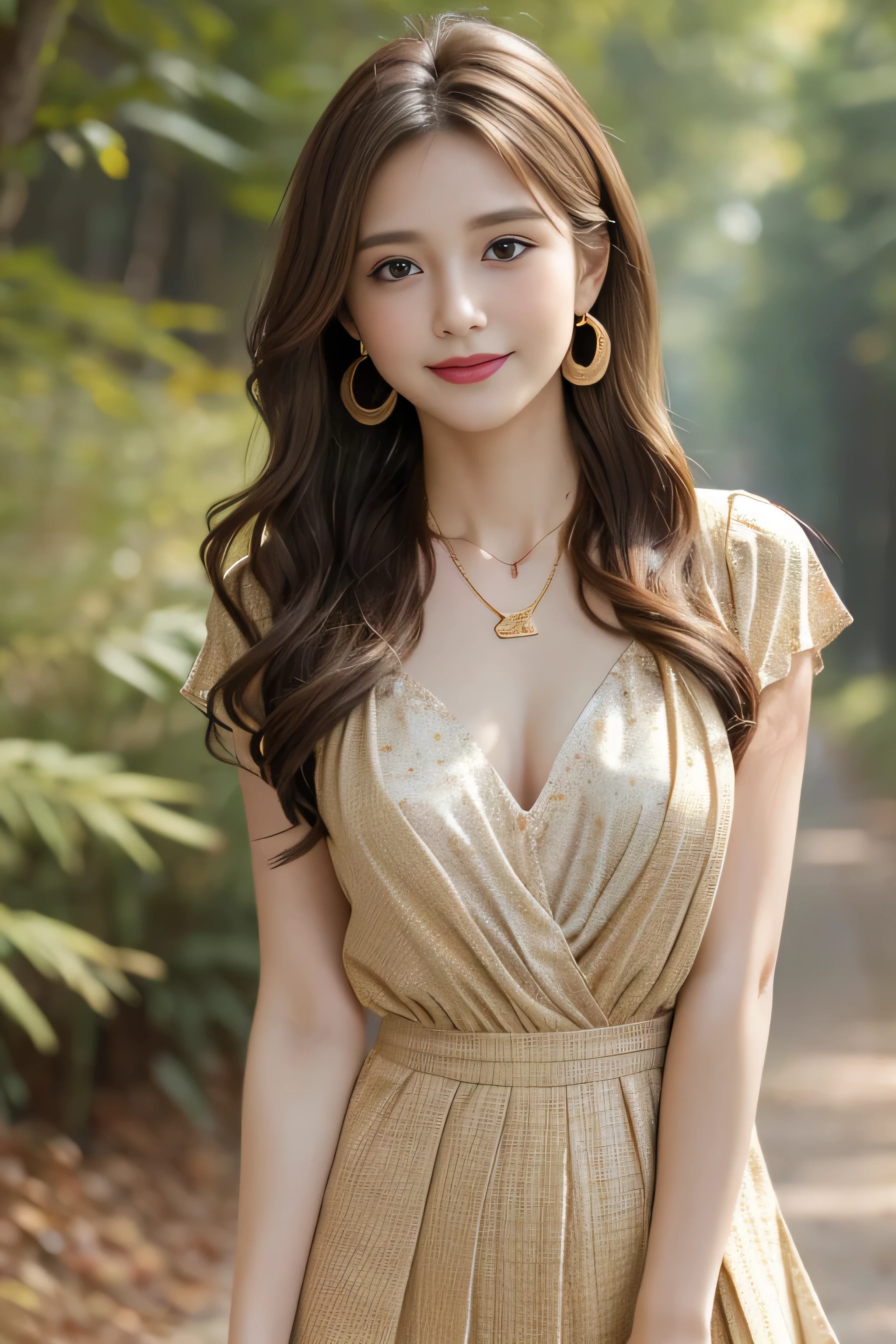 Panty shot、whole body、field, highest quality, realistic, Super detailed, down to the last detail, High resolution, 4k wallpaper, Beautiful woman,, light brown hair, wore a suit, perfect dynamic composition, beautiful and delicate eyes, delicate hair, Round face model body type、mini skirt、droopy eyes,shy smile,in the forest,Floral blouse、Blouse with ribbon、fancy orange and white printed dress, Pleated skirt with lots of checked pleats、((Super long brown hair:1.2))((Hair with loose waves inside:1.2)),((shy smile:1.3)),((gold necklace_Large earrings:1.2)),