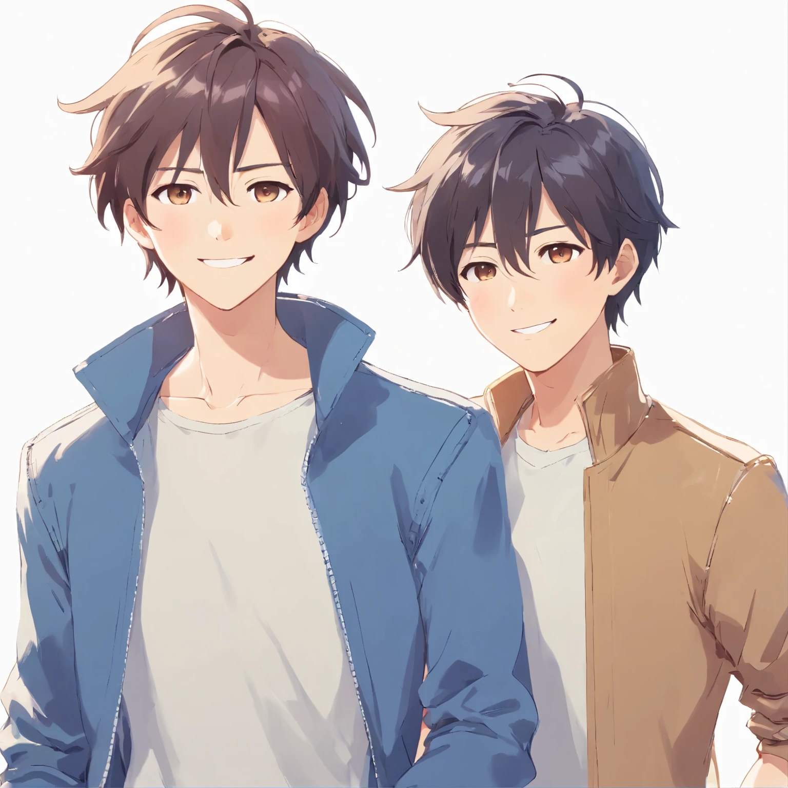 (((white background:1.2)))、(((masterpiece))),(best quality),(((facing the viewer)))、Two gay men in their 30s、casual clothes, smile,frontal face