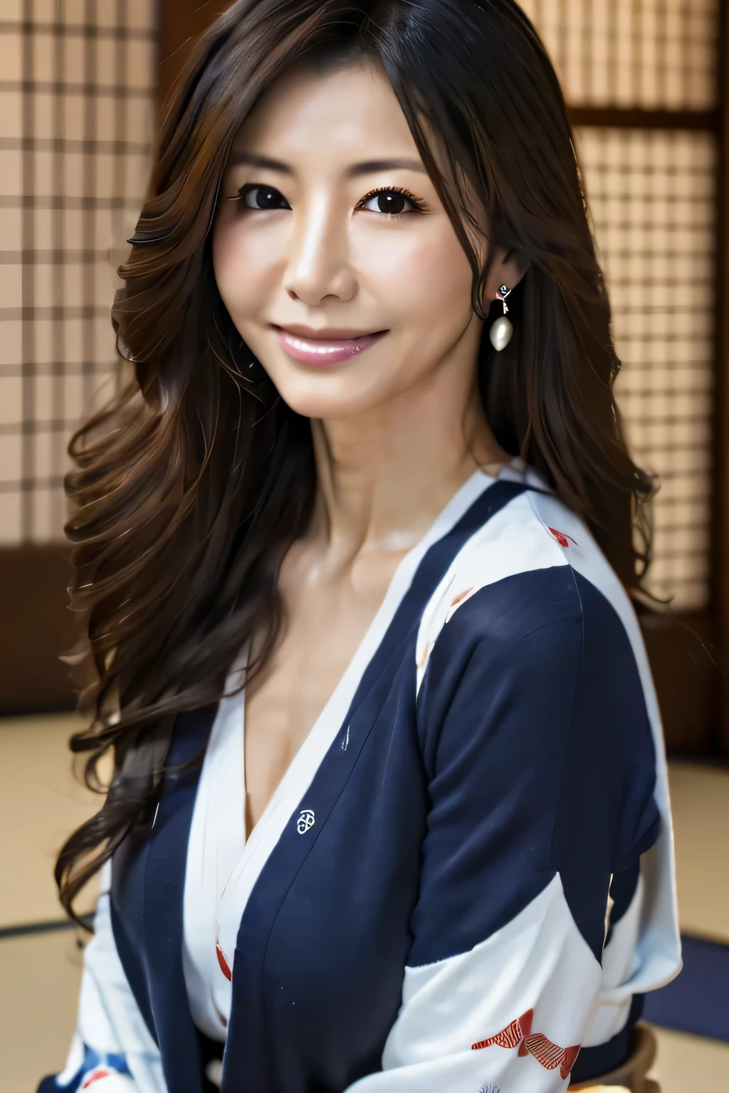 japanese woman, 40 years old, casual clothes, long black hair, colored inner hair, empty eyes, earrings, smile, Depth of the bounds written, cinematic lighting, canon, f/1.2, cowboy shot, Uhd, masterpiece, anatomically correct, rough skin, Super detailed, high quality, 8K, hd