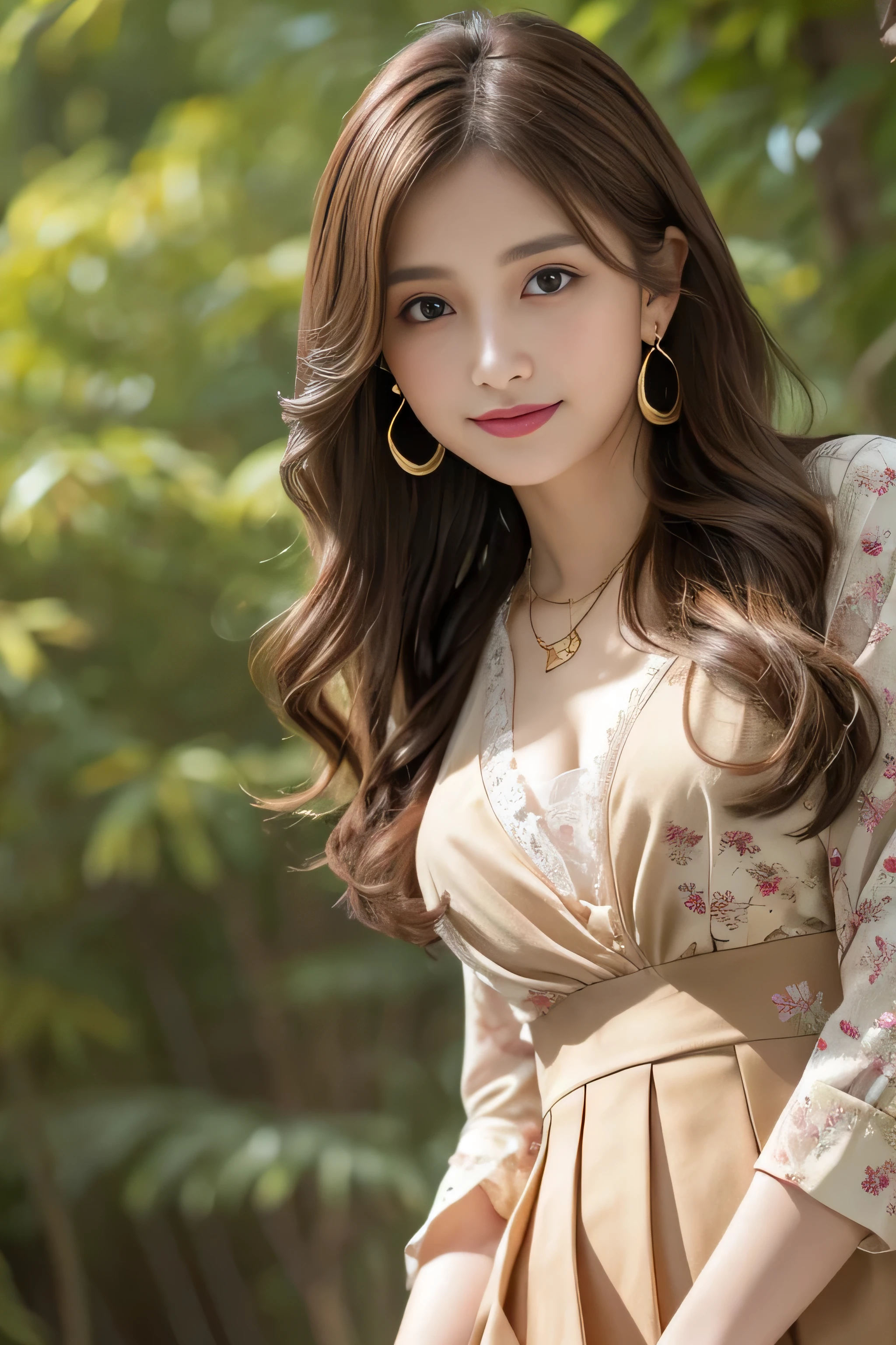 Panty shot、whole body、field, highest quality, realistic, Super detailed, down to the last detail, High resolution, 4k wallpaper, Beautiful woman,, light brown hair, wore a suit, perfect dynamic composition, beautiful and delicate eyes, delicate hair, Round face model body type、mini skirt、droopy eyes,shy smile,in the forest,Floral blouse、Blouse with ribbon、fancy orange and white printed dress, Pleated skirt with lots of checked pleats、((Super long brown hair:1.2))((Hair with loose waves inside:1.2)),((shy smile:1.3)),((gold necklace＿Large earrings:1.2)),fullbody shot、　((look down at the viewer,from below:1.5))