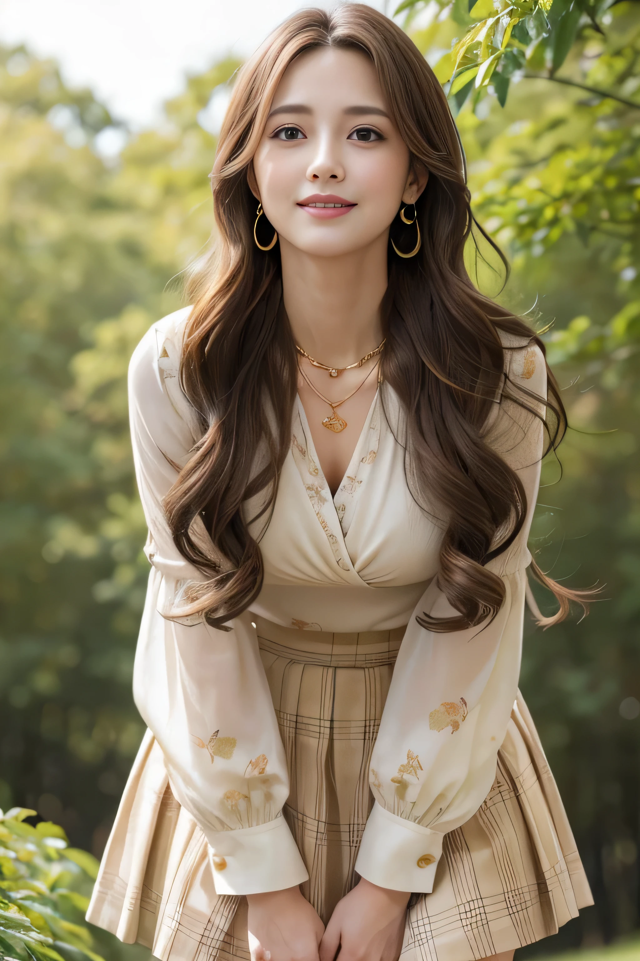 Panty shot、whole body、field, highest quality, realistic, Super detailed, down to the last detail, High resolution, 4k wallpaper, Beautiful woman,, light brown hair, wore a suit, perfect dynamic composition, beautiful and delicate eyes, delicate hair, Round face model body type、mini skirt、droopy eyes,shy smile,in the forest,Floral blouse、Blouse with ribbon、fancy orange and white printed dress, Pleated skirt with lots of checked pleats、((Super long brown hair:1.2))((Hair with loose waves inside:1.2)),((shy smile:1.3)),((gold necklace_Large earrings:1.2)),fullbody shot、 ((look down at the viewer,from below:1.5))