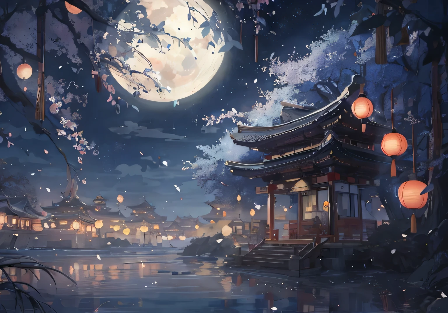 Asian-style pagoda illuminated by moonlight，Lanterns floating on water, anime background, Japanese art style, anime background art, background artwork, Beautiful peace scene in anime, anime art wallpaper 4k, anime art wallpaper 4k, japanese fantasy, chinese fantasy, 8K high quality detailed art, beautiful anime scene, Fantastic atmosphere on a moonlit night, anime art wallpaper 8k, night scene