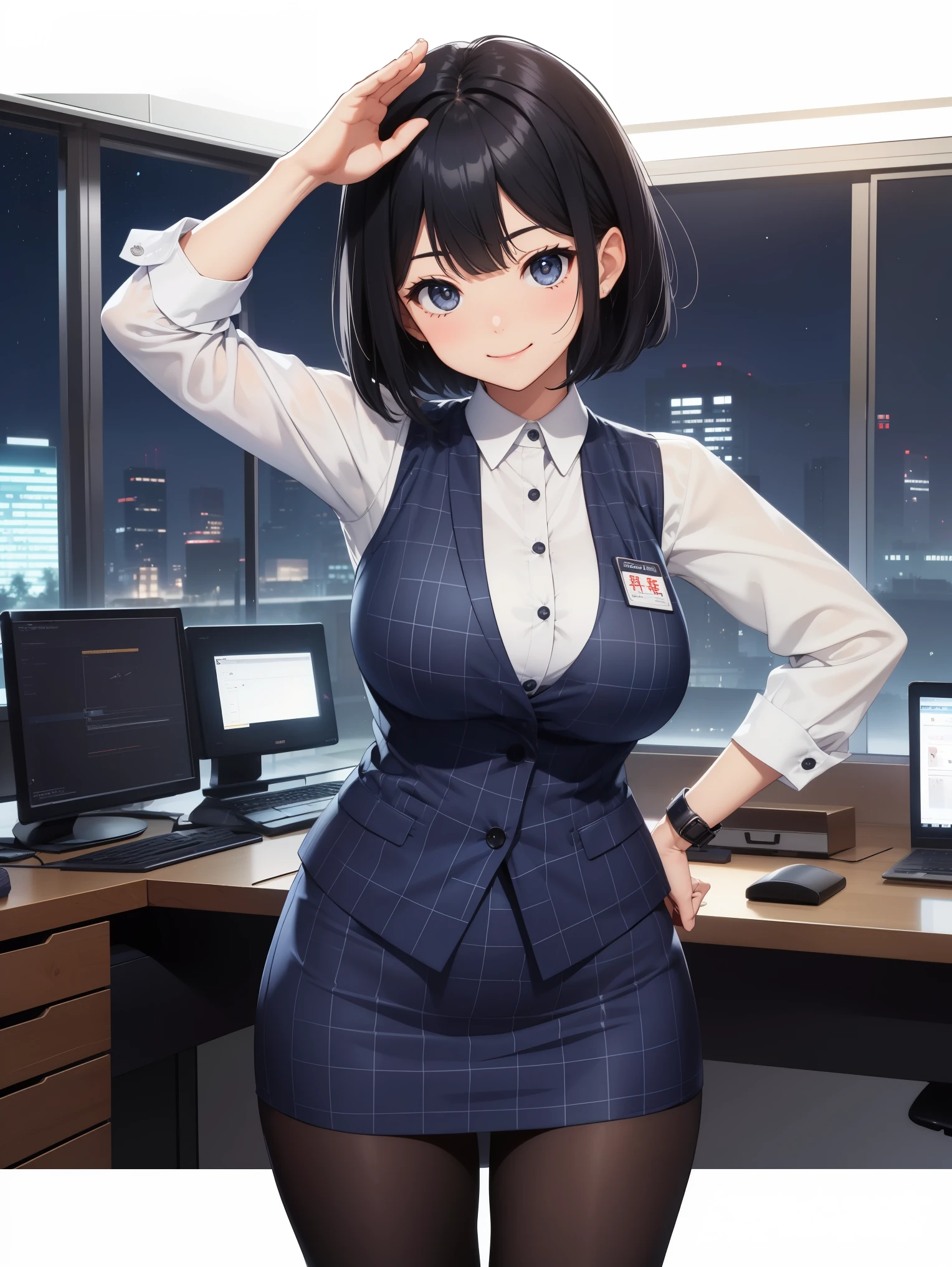 highest quality, debris flies、Beautiful woman、officeレディー、black hair、(black eye、dull bangs)、short hair、チェック柄のダークブルーのofficeスーツ)、new employee,whole bodyショット、Female office lady、break(checkered dark blue vest、white cutter shirt、Navy blue long tight pencil skirt:1.2)、(black tights、high heels)、break(office:1.3)、(((whole body)))、(((Standing position:1.2)))、BREAK(((night view:1.2)))、(((Salute with a smile)))、(big boobs)