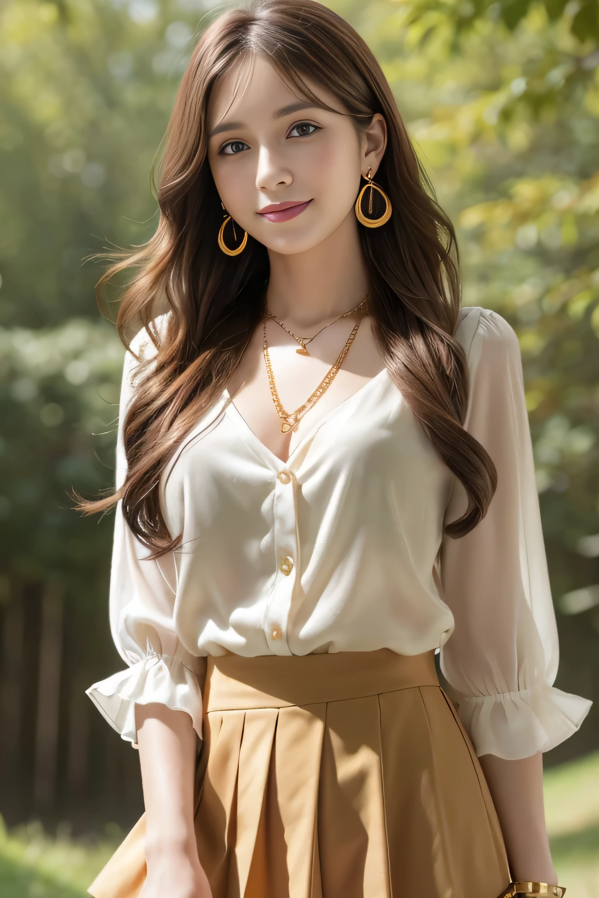 Panty shot、whole body、field, highest quality, realistic, Super detailed, down to the last detail, High resolution, 4k wallpaper, Beautiful woman,, light brown hair, wore a suit, perfect dynamic composition, beautiful and delicate eyes, delicate hair, Round face model body type、mini skirt、droopy eyes,shy smile,in the forest,Floral blouse、Blouse with ribbon、fancy orange and white printed dress, Pleated skirt with lots of checked pleats、((Super long brown hair:1.2))((Hair with loose waves inside:1.2)),((shy smile:1.3)),((gold necklace_Large earrings:1.2)),fullbody shot、 ((look down at the viewer,from below:1.5))