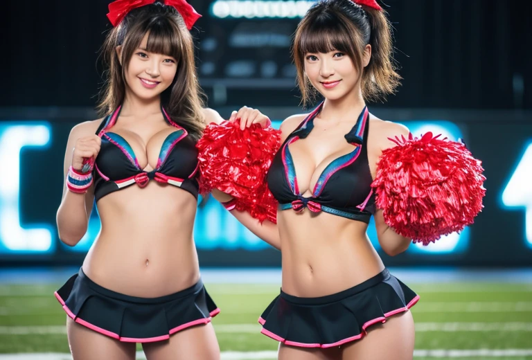 "(highest quality,4k,8K,High resolution,masterpiece:1.2),Super detailed,(realistic,photorealistic,photo-realistic:1.37),Physically based rendering,HDR,UHD," cute japanese woman, cheerleader, black bikini, cheer leading, big breasts, Holding large cheering pom-poms in both hands, mini skirt, Loose fluffy bob cut, Paddy field, full body image, cleavage,