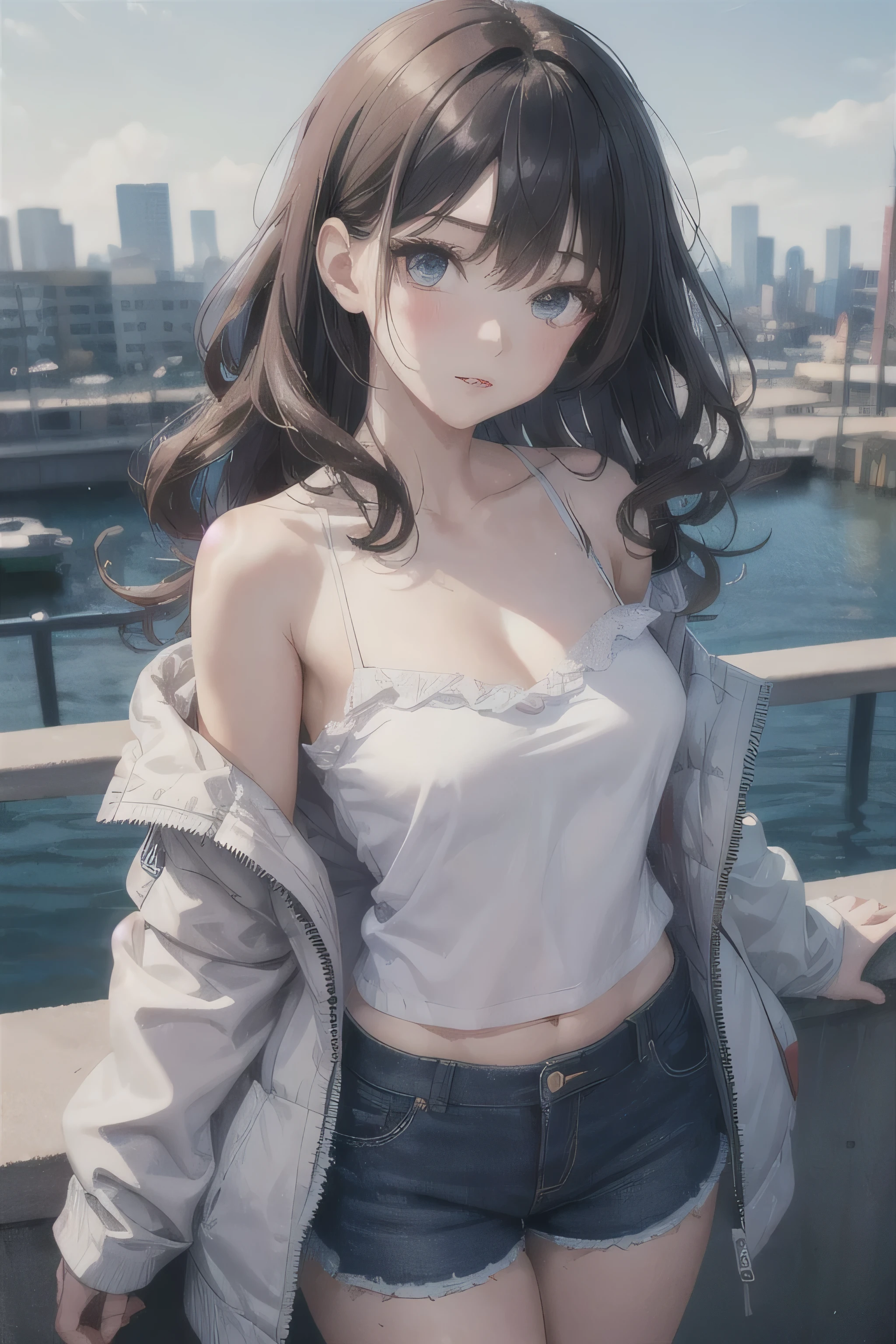 (((masterpiece,Highest quality:1.3,Highest qualityのイラスト))),((Realistic:1.2)),Cowboy Shot,solo,1 Female,(Mature Beauty),Black Hair,Straight Long Hair,amount,Center parted bangs,Iris,(Gorgeous big eyes),(very small head),blush,((Very long body,skinny,Slender body)),((navy blue baseball jacket)),Small breasts,Glowing Skin,Oily skin,denim micro shorts,Wearing a white tank top and blouson,On the road