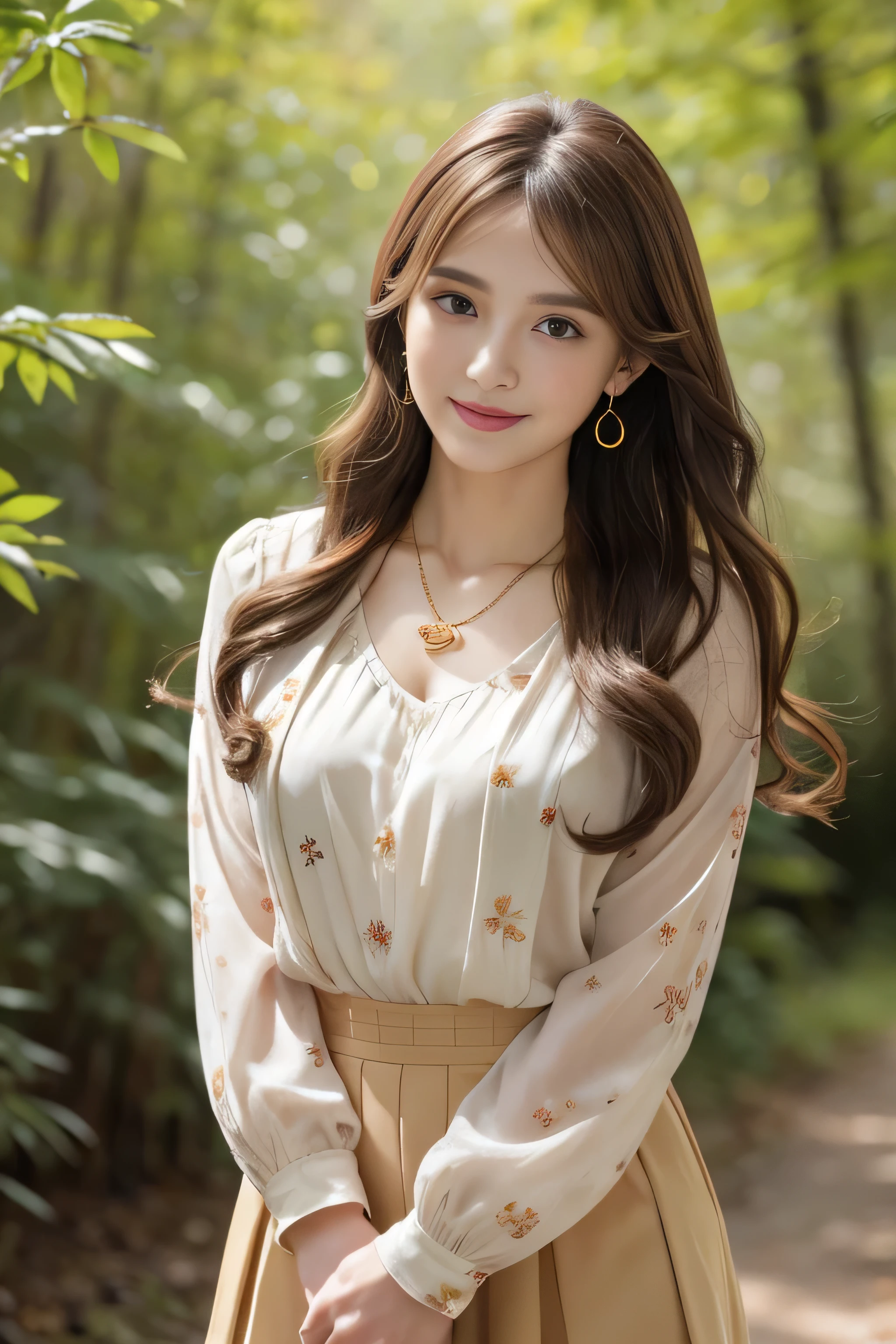 Panty shot、whole body、field, highest quality, realistic, Super detailed, down to the last detail, High resolution, 4k wallpaper, Beautiful woman,, light brown hair, wore a suit, perfect dynamic composition, beautiful and delicate eyes, delicate hair, Round face model body type、mini skirt、droopy eyes,shy smile,in the forest,Floral blouse、Blouse with ribbon、fancy orange and white printed dress, Pleated skirt with lots of checked pleats、((Super long brown hair:1.2))((Hair with loose waves inside:1.2)),((shy smile:1.3)),((gold necklace_Large earrings:1.2)),fullbody shot、((full figure supermodel standing, entire body in frame)) ((look down at the viewer,from below:1.5))