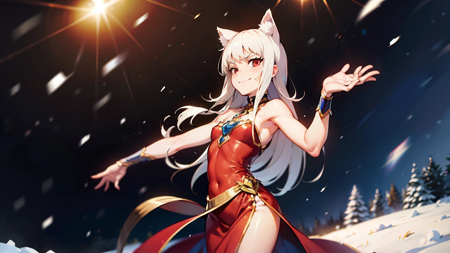 Holo, white hair, red eyes, serious expression, early twenties, , cat ears, dynamic posture, dancing, field of snow, smiling, realistic, full of snow, medium sized chest, red dress