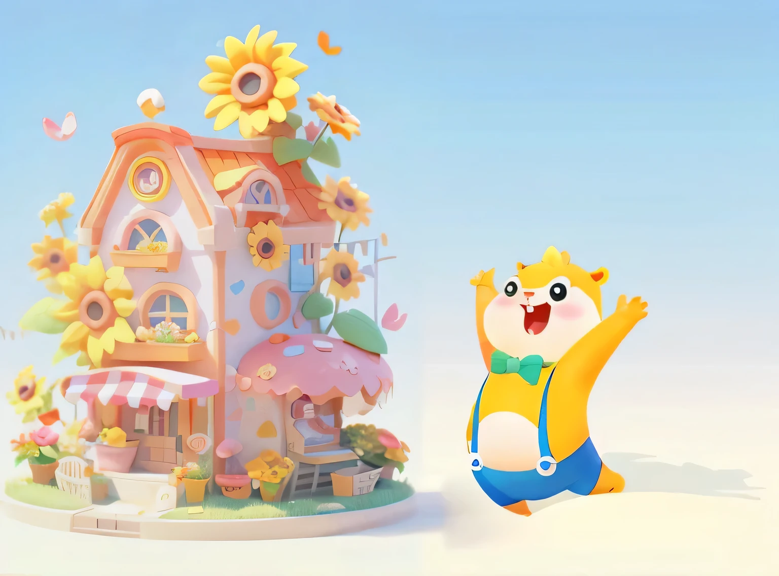 There is a cartoon beaver standing in front of a house, Round house and cute characters, Cute cartoon characters, beautiful house, 8k,cartoon illustration,3D rendering,3D style,Ultra high detail