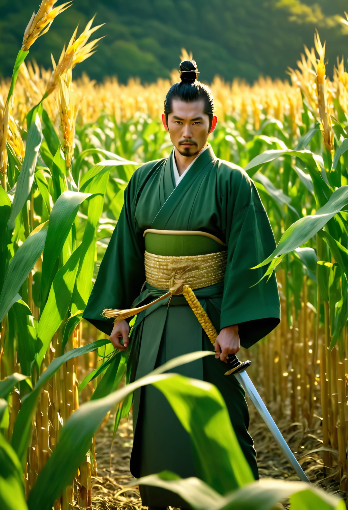 Samurai standing alone in a corn field,traditional Japanese clothing,sword sheathed at waist,majestic and confident stance,calm and focused expression,gentle wind rustling the golden corn stalks,shades of green and yellow,soft sunlight filtering through the leaves,subtle shadows playing on the ground,high quality,4k resolution,masterpiece:1.2,ultra-detailed,realistic:1.37,portraits,natural color palette,subtle lighting effects