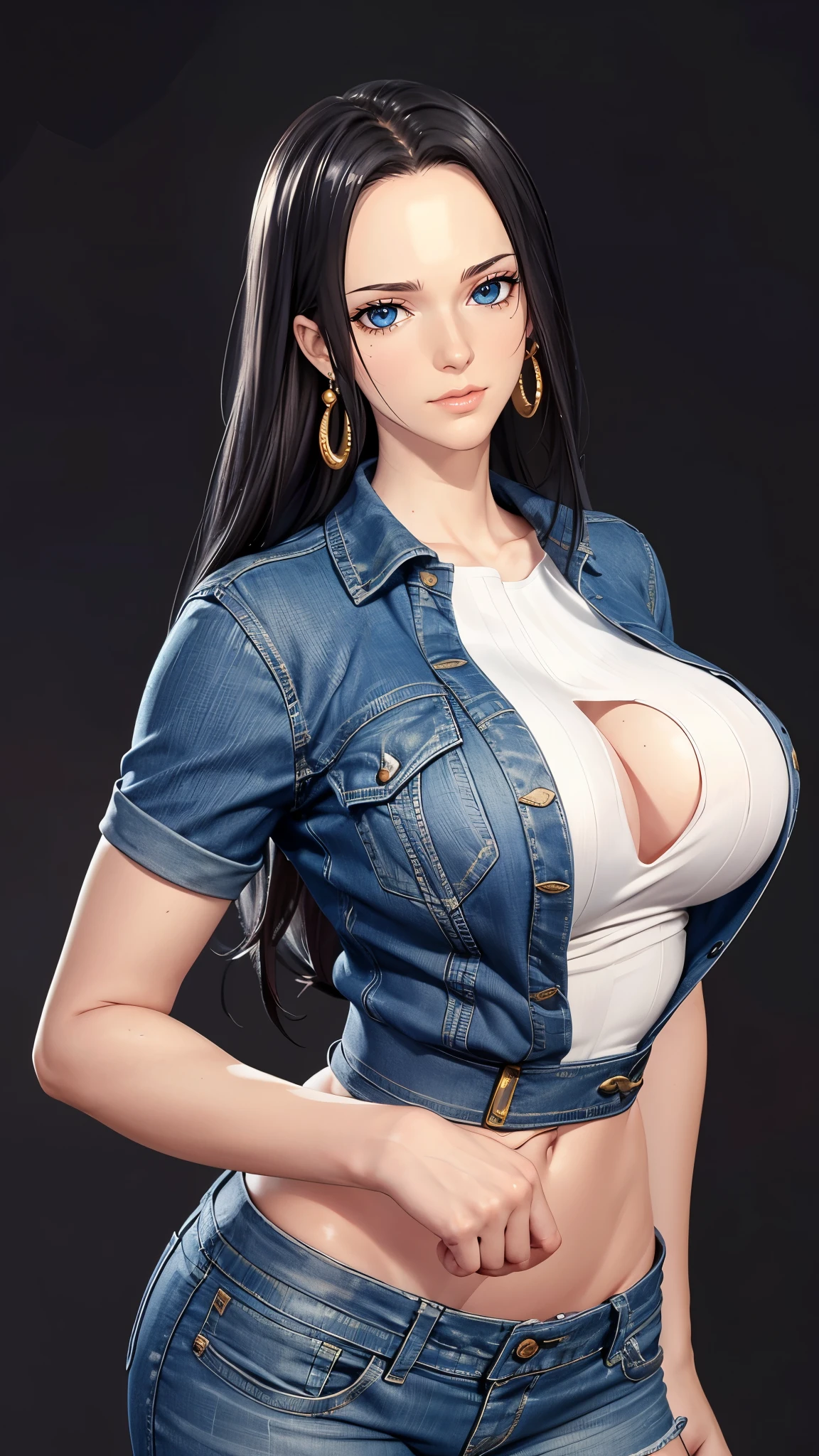 （（（完美figure，figure，Black T-shirt, denim jacket, denim shorts, （（（boa hancock，Dark long hair, combed with a chiffon hairstyle, slightly wide forehead smooth and flat, deep blue eyes, slender and delicate corners of the eyes, almond eyes exuding a hint of coldness, nose bridge high and straight, nose small and delicate, lips soft without any wrinkles. Wearing a pair of snake shaped golden earrings under the ears）））((masterpiece)),high resolution, ((Best quality at best))，masterpiece，quality，Best quality，（（（ Exquisite facial features，looking at the audience,There is light in the eyes，Happy，lol））），型figure:1.7））），（（（Interlacing of light and shadow，huge boobs））），（（（looking into camera，black background，bend over）））