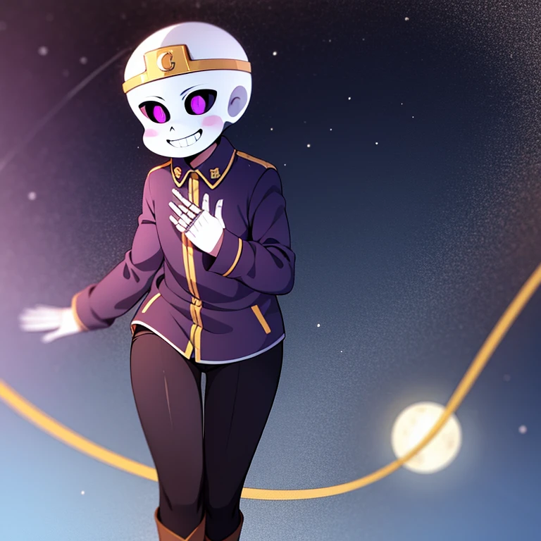 nightmare!sans, skeleton, dark purple jacket, black pants, dark purple boots, lavender pupils, smiling, golden moon crown, goldev belt has NM sign, standing still, solo, eye holes, dark eyes, cartoon, cartoon eyes, simple background