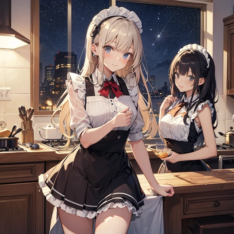 A group of maids, (in kitchen), various hair styles, harem, wearing maid uniform, night, details face, , short skirt, seducing, sleeveless , night, starry night