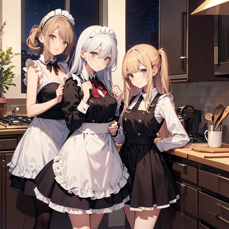 A group of maids, (in kitchen), various hair styles, harem, wearing maid uniform, night, details face, , short skirt, seducing, sleeveless , night, starry night 