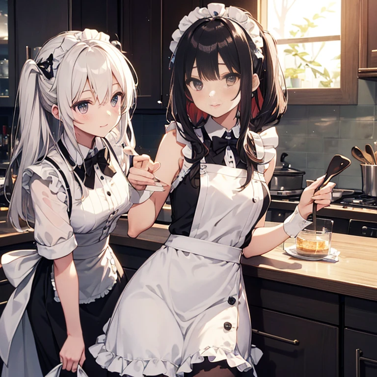 A group of maids, (in kitchen), various hair styles, harem, wearing maid uniform, night, details face, , short skirt, seducing, sleeveless , night, starry night