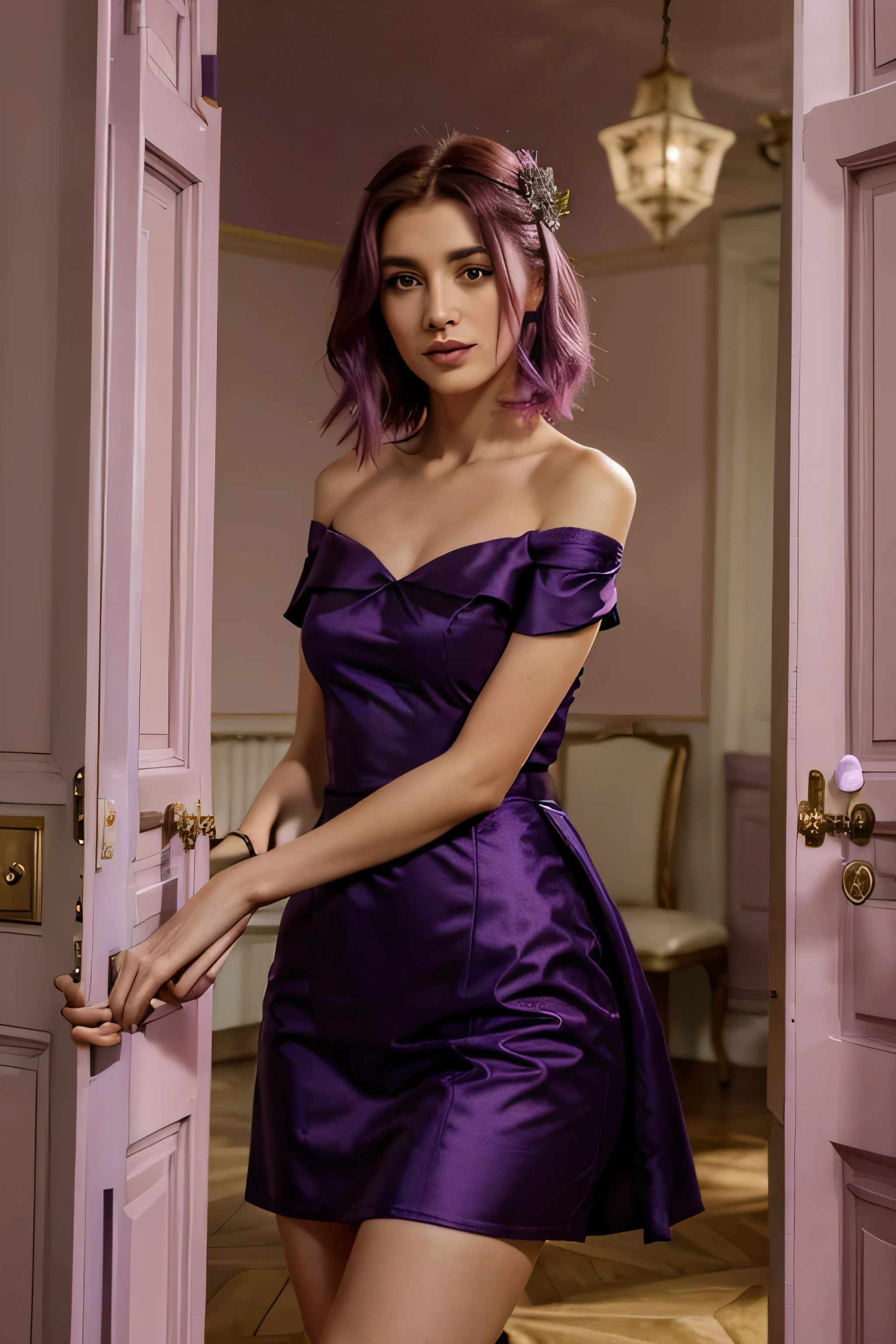 Une femme au cheveux, long, de couleur, violet, et rose, magenta, crepuscule, violet foncer, rose foncer, fushia sexy dans son dressing