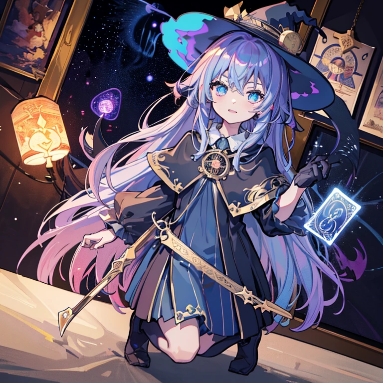 ((highest quality,8K，Unorganized resolution，16k, masterpiece: 1.3))，girl, (witch hat), long hair, dress, aurora, night, star (null), gloves, null, white dress, night null, open your mouth, starry null, blue eyes, ribbon, very long hair, red dress, smile, hair ribbon, cape, blue hair, (bird), magic, cast a spell, dark clouds, night, (Impressionism:1.4), (tarot:1.3), epic fantasy art style，8k ultra hd, HDR，unique design，One and only，magnificent composition，one scene，anime style，studio lighting，ultra wide angle，Original elements，full body description，dynamic angle，symbol，dynamic lighting，professional color grading，Creative，extreme detail，glow effect