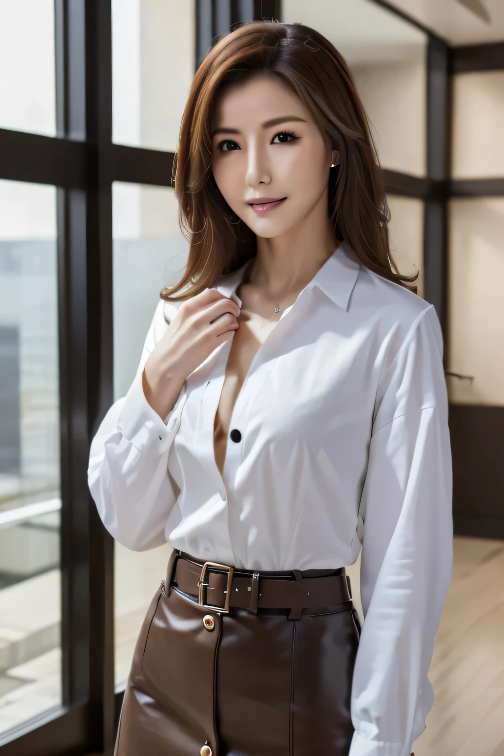 (highest quality, High resolution, masterpiece :1.3), tall and beautiful woman, thin abs, loose wavy dark brown hair, chest, wear a pendant, white button up shirt, belt, black skirt, (modern architecture in the background), Precisely expresses details such as face and skin texture, fine eyes, double eyelid