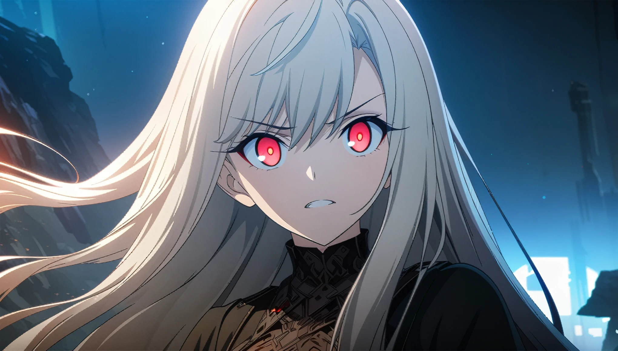 anime girl with long wavy silver hair and crimson red eyes, detailed digital anime art, stunning anime face portrait, from girls frontline, badass anime 8 k, anime art wallpaper 8 k, portrait gapmoe yandere grimdark, with glowing red eyes, fine details. girls frontline, anime style 4 k, girls frontline cg, 4k anime wallpaper, anime art wallpaper 4 k,