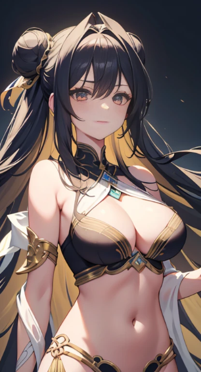 Bust photo，a  beautiful female，messy  hair，s girl，Symmetrical bun，hair adornments，jewelry，The face is delicate，eye shadows，Delicate black top，cropped shoulders，Crop topping，showing belly，Dunhuang style，Lots of streamers，Fine fine skin，Soft light effects，Delicate and smooth hair，exquisite detailing，Eye highlights，Fair skin，Fine portrayal，Ultimate detail，Cinematic quality，being thin，slenderness，Fragmentation，hair detail，Thin bangs，Shawl hair，Correct bodies，shadowing，Air bangs，8K，Super meticulous，Fine fabric texture，softness，complaisant，Smooth texture，Dunhuang style，Delicate pattern，Correct hand drawing，smile, tsurime, Surrealism, ray tracing, UHD, high details, super detail, highres, 8k, high quality, high details, textured skin, ccurate