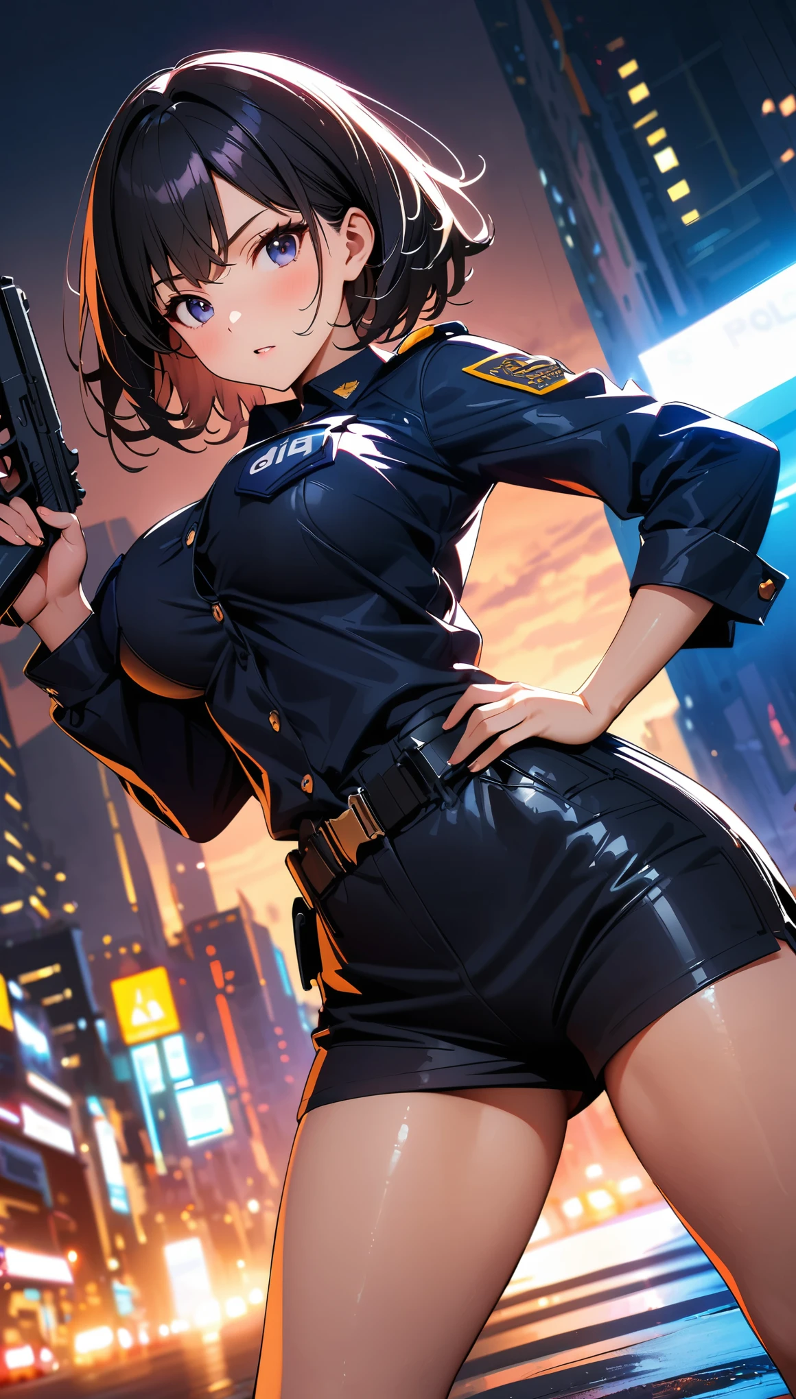 (high quality, 8k, 4k, high contrast, masterpiece:1.2, best quality, best aesthetics), (dynamic angle), Sexy female police officer, Detailed face and body, Beautiful breasts, confident look, (black hair, short hair), Shiny black uniform, Tactical belt with equipment, Glossy Badges and Name Tags, Holding a gun, Standing in a dynamic pose, dutch angle, Flashing police car lights against cityscape background,