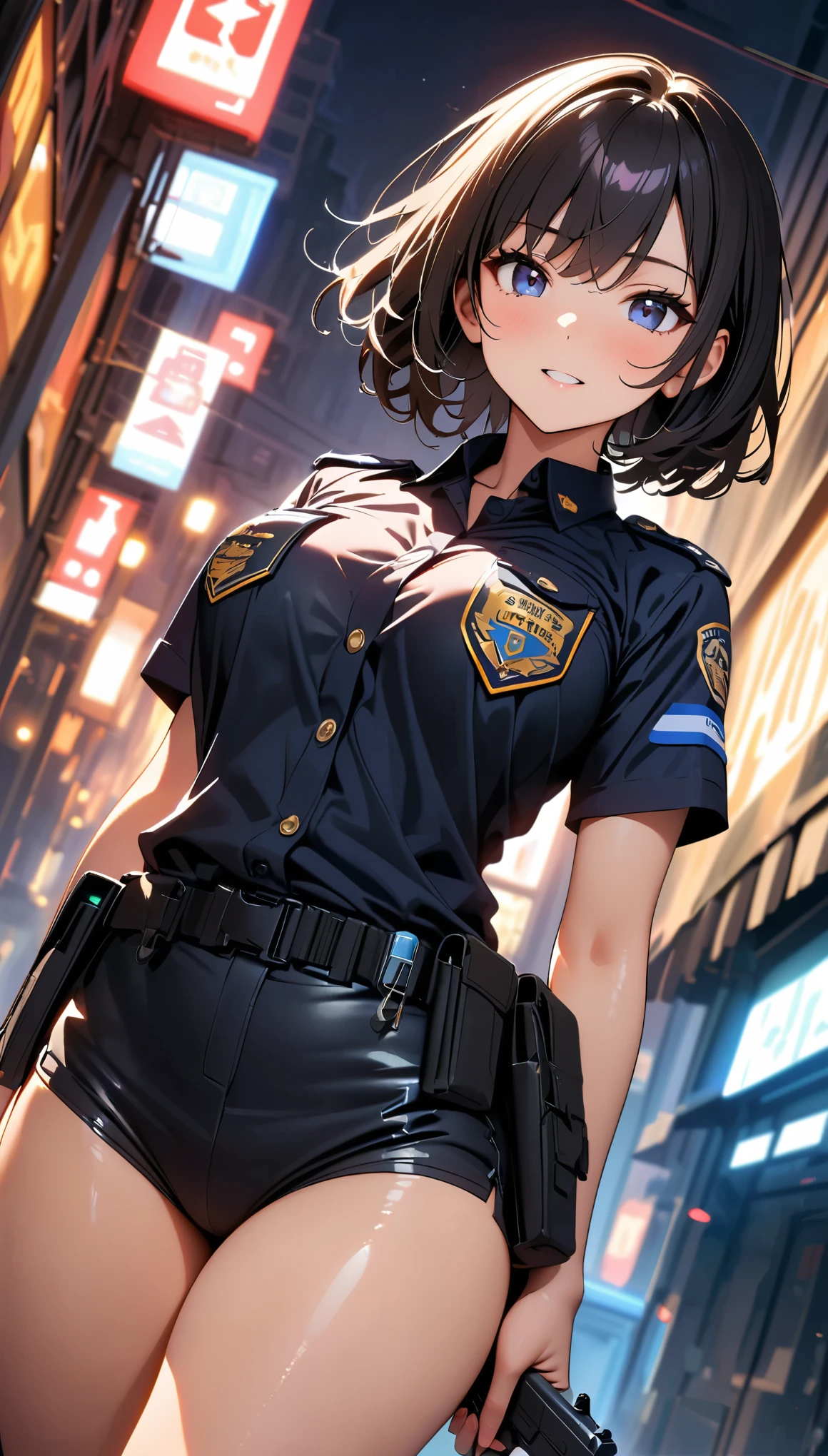 (high quality, 8k, 4k, high contrast, masterpiece:1.2, best quality, best aesthetics), (dynamic angle), Sexy female police officer, Detailed face and body, Beautiful breasts, confident look, (black hair, short hair), Shiny black uniform, Tactical belt with equipment, Glossy Badges and Name Tags, Carrying a small handgun, Standing in a dynamic pose, dutch angle, Flashing police car lights against cityscape background,