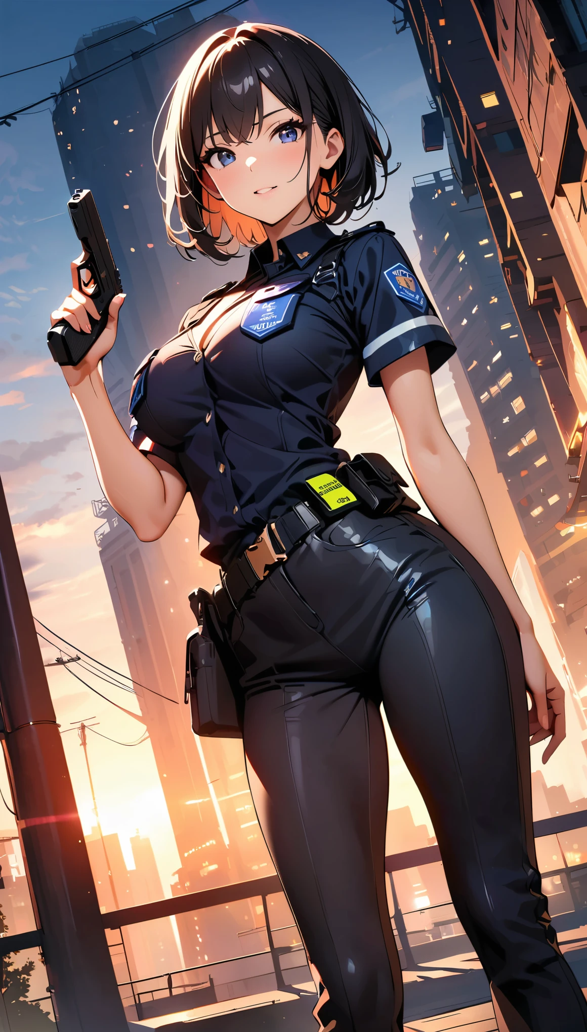 (high quality, 8k, 4k, high contrast, masterpiece:1.2, best quality, best aesthetics), (dynamic angle), Sexy female police officer, Detailed face and body, Beautiful breasts, confident look, (black hair, short hair), Shiny black uniform, Tactical belt with equipment, Glossy Badges and Name Tags, Carrying a small handgun, Standing in a dynamic pose, dutch angle, Flashing police car lights against cityscape background,